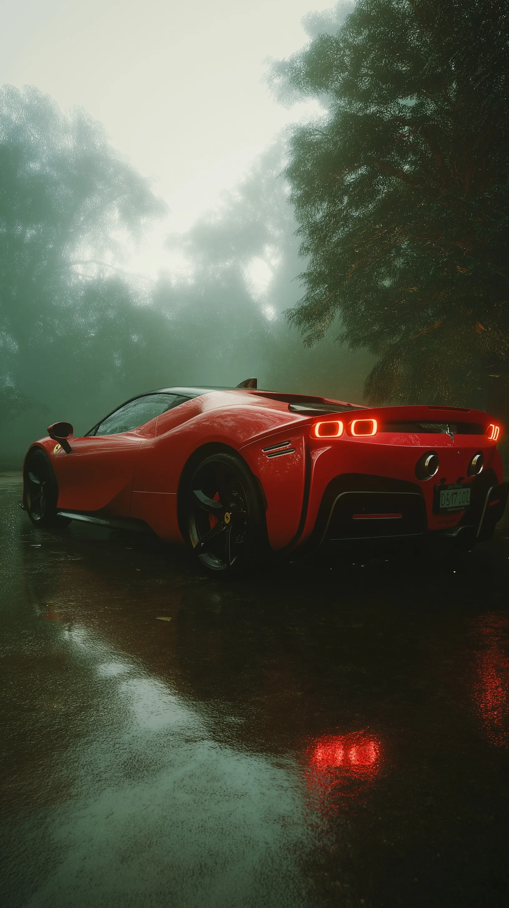 A red Ferrari SF90 Stradale parked on a wet road in fog, creating a cinematic high-resolution iPhone wallpaper.