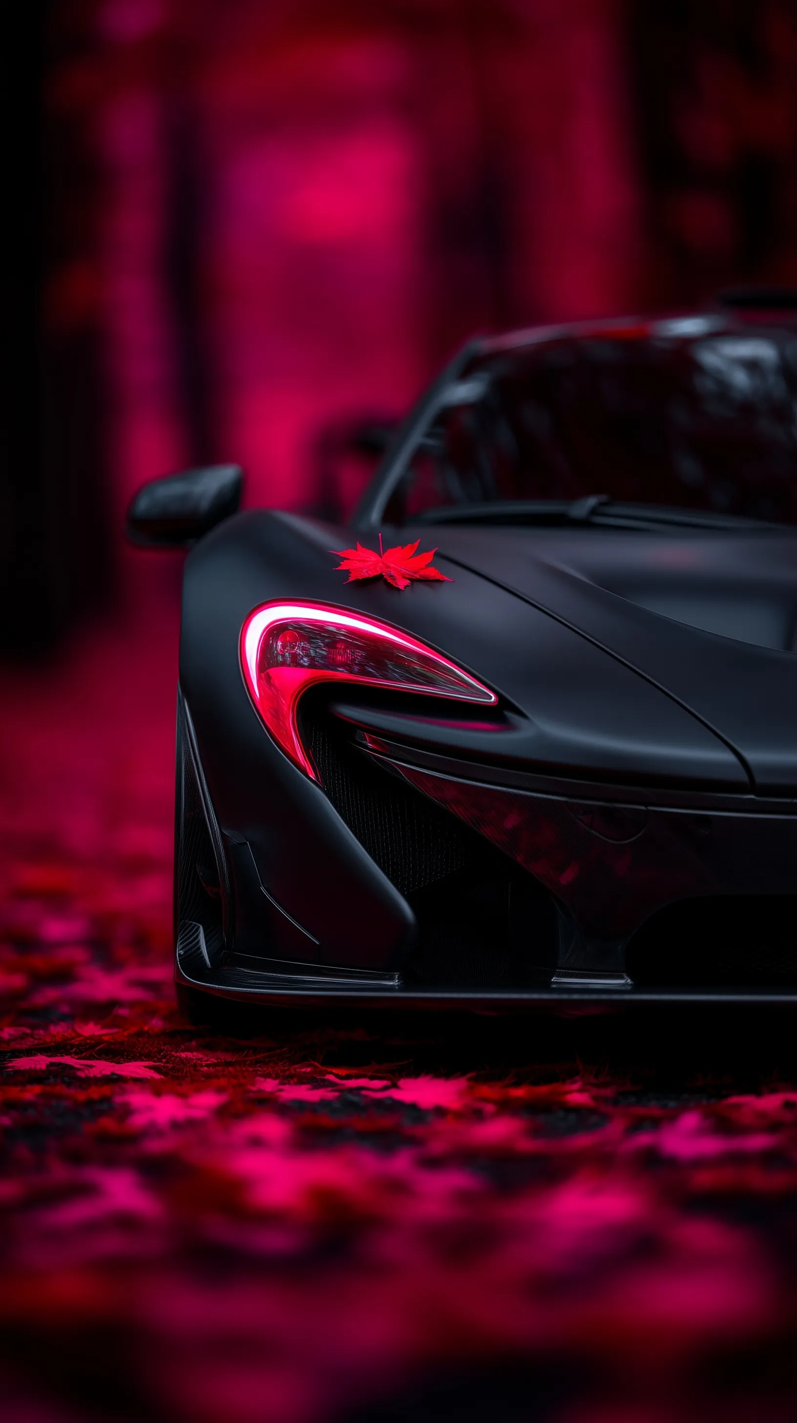 Matte black custom McLaren P1 sports car with LED headlights on a pink autumn forest road, vertical mobile wallpaper.
