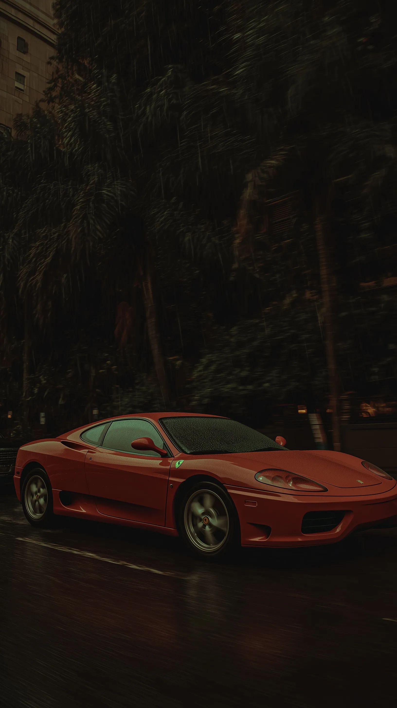 A red Ferrari driving fast on an urban Hawaii road with a motion-blurred background, high-definition style.