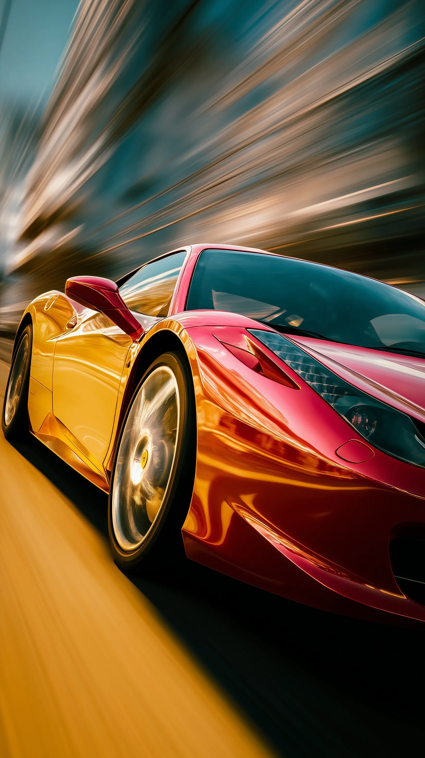 A sleek Ferrari in motion blur with vibrant red and yellow hues, perfect for a high-quality iPhone wallpaper.