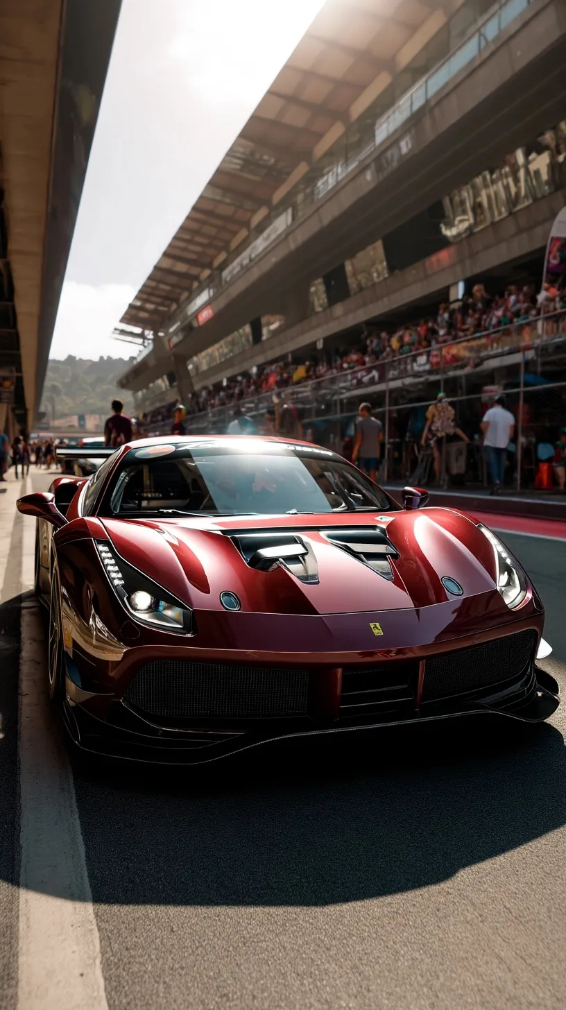 A Ferrari 488 Challenge Evo parked at a crowded racing stadium with fans cheering in the background.