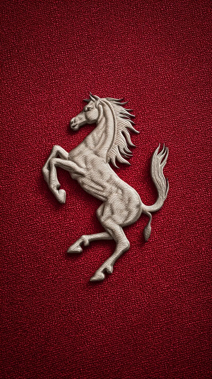 A super realistic Ferrari logo embroidered on high-quality red textured fabric, perfect for smartphone backgrounds.