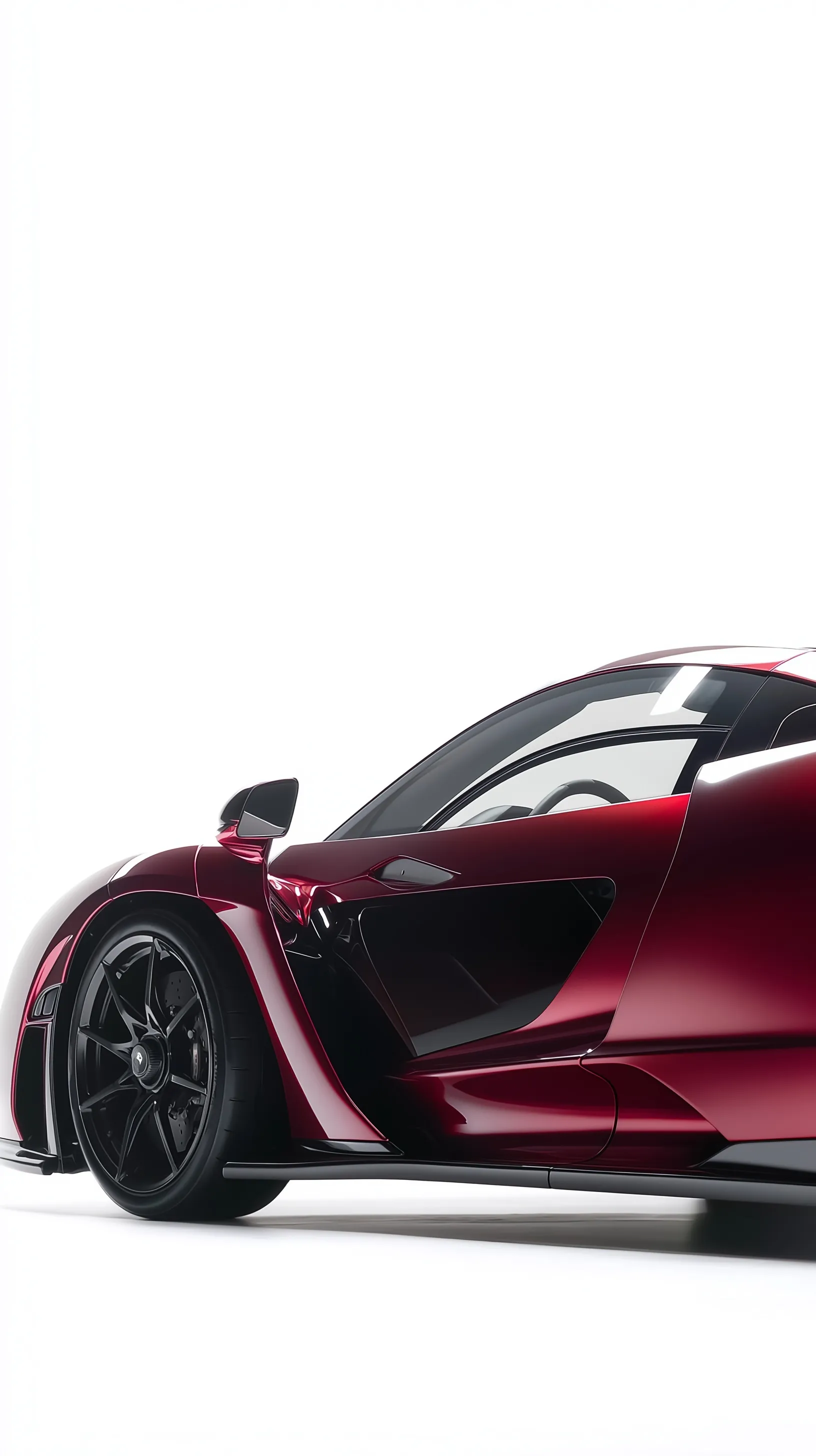 Sleek white Ferrari hypercar side profile with aerodynamic design and vibrant studio reflections on white background.