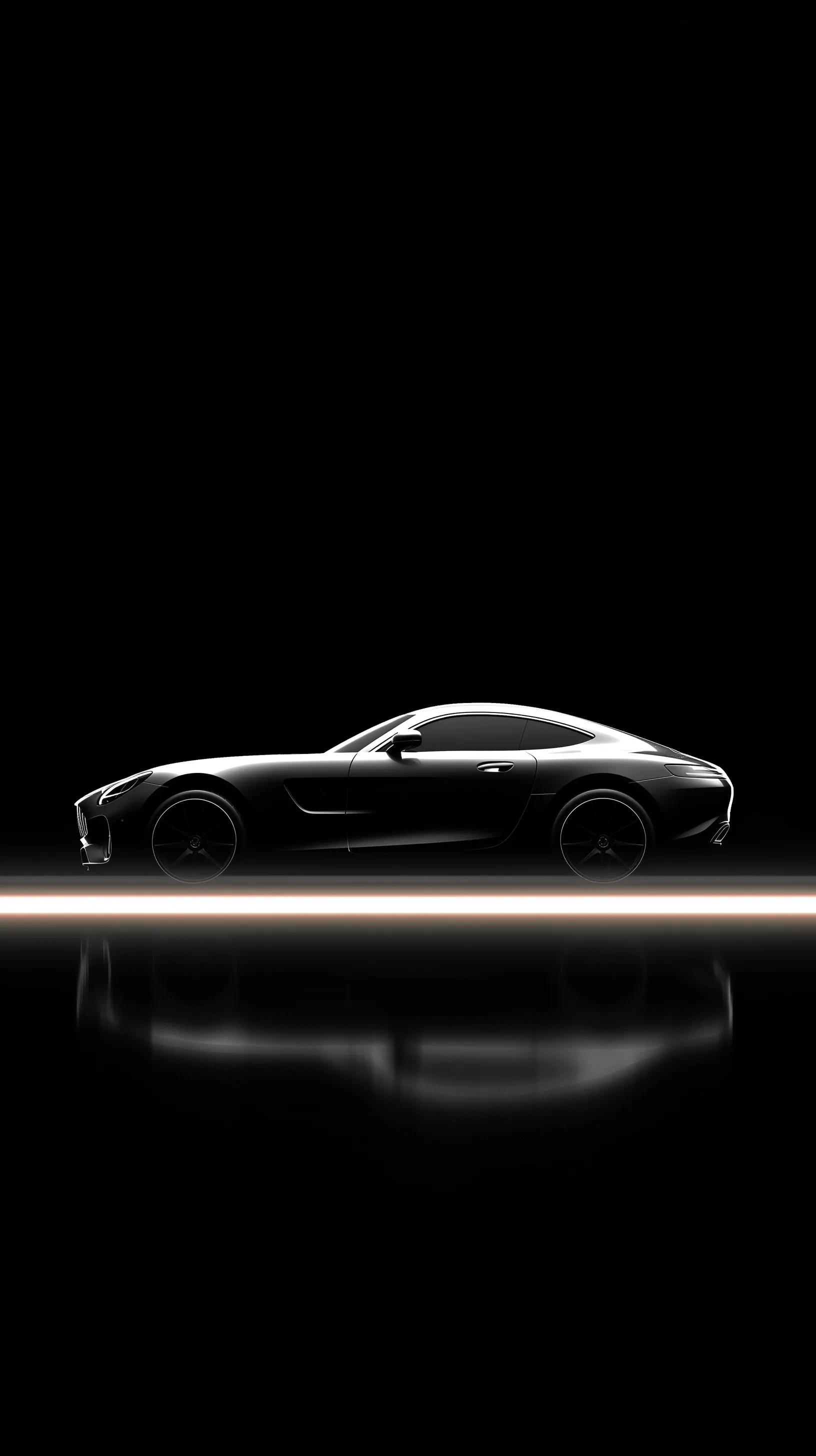 A sleek matte-black Ferrari sports car with a neon speed streak on a dark, minimalist iPhone wallpaper background.