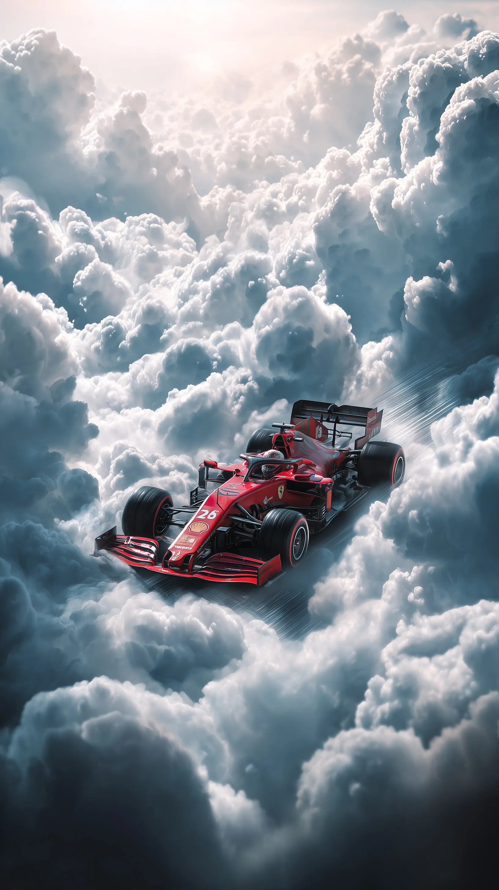 A sleek matt red Formula 1 race car driving through surreal white fluffy clouds in a dynamic, high-contrast sky.