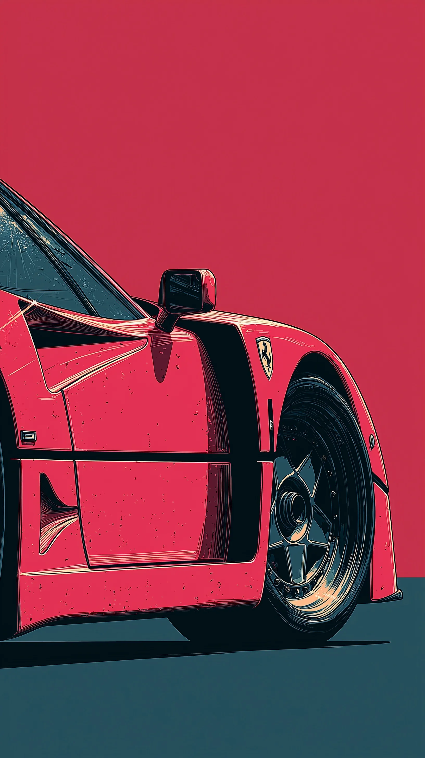 Minimalist side profile illustration of a Ferrari F40 sports car, featuring delicate brushstrokes on high resolution.