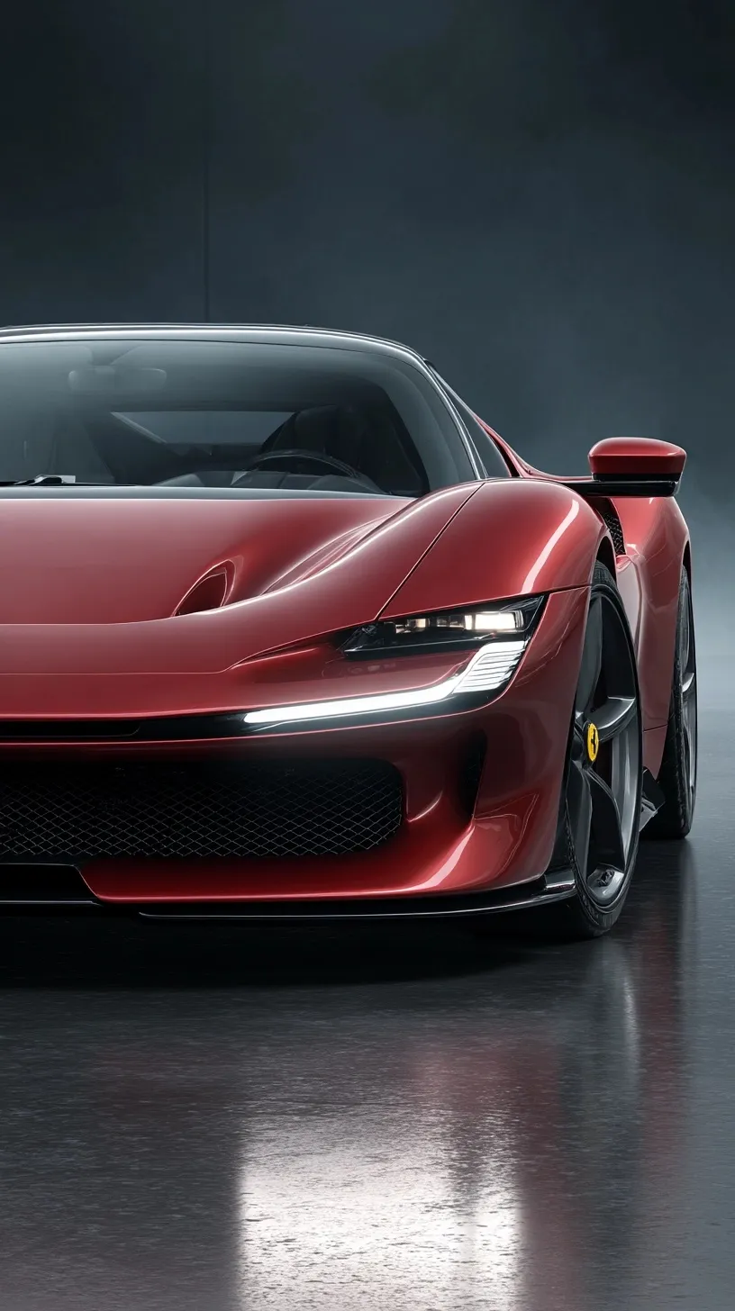Rosso Corsa Ferrari EV 2035 concept car, front 3/4 view with sharp LED lights, luxury studio background.