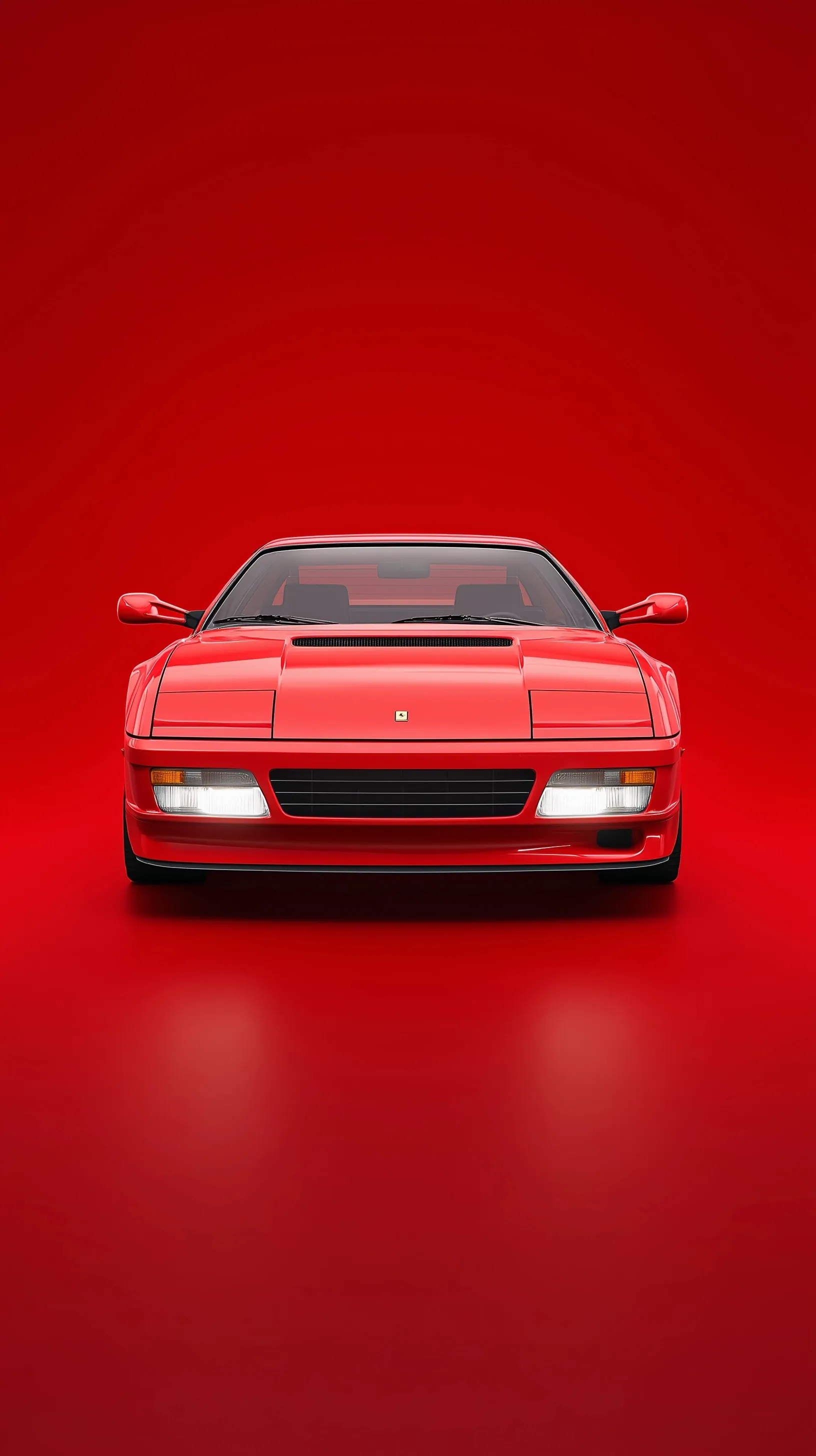 A sleek Ferrari 512TR in bright red, front view studio shot with illuminated headlights and minimalist background.