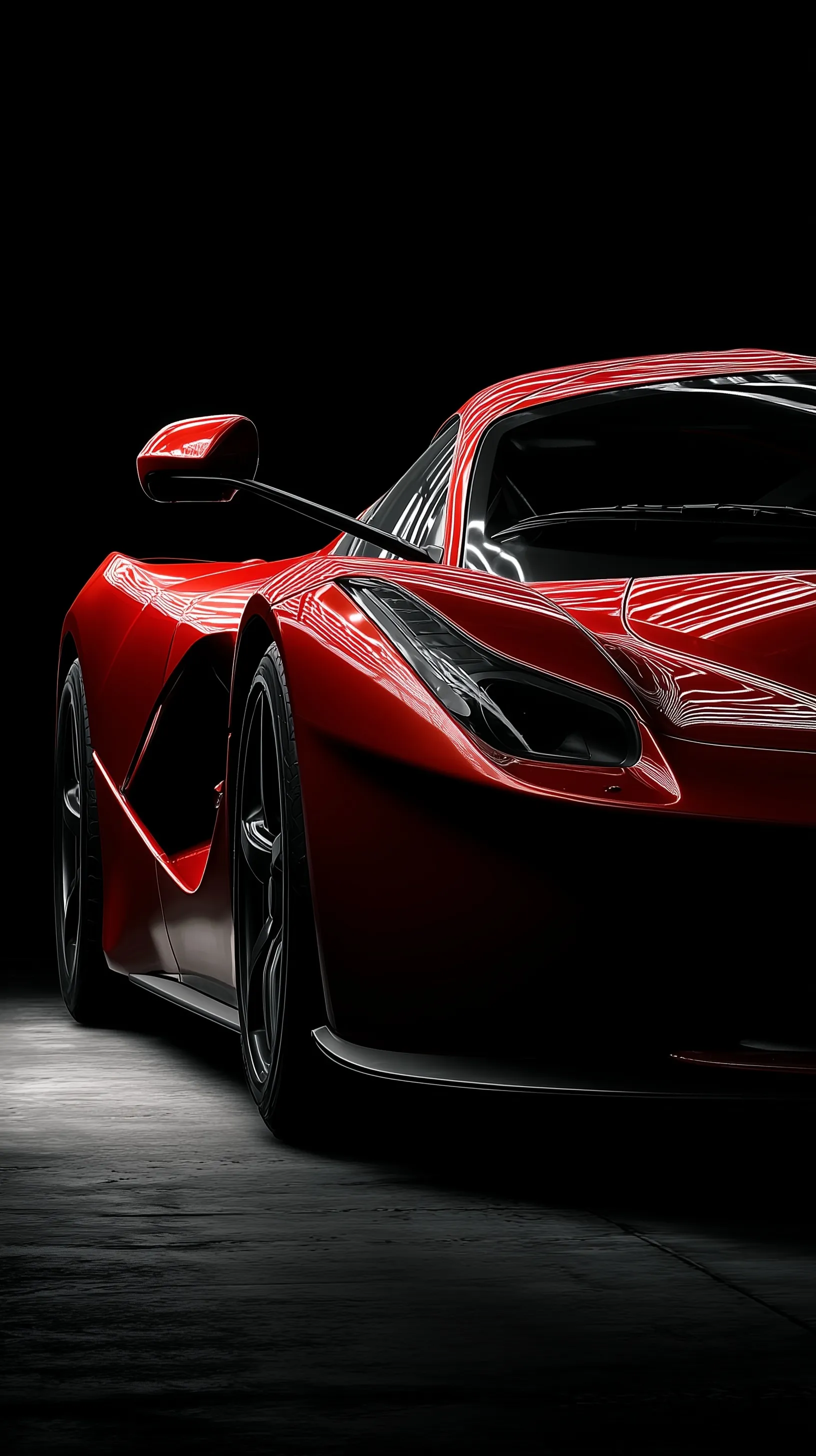 Close-up of a red LaFerrari car with bold side lighting isolated on a matte black background, vertical luxury style.