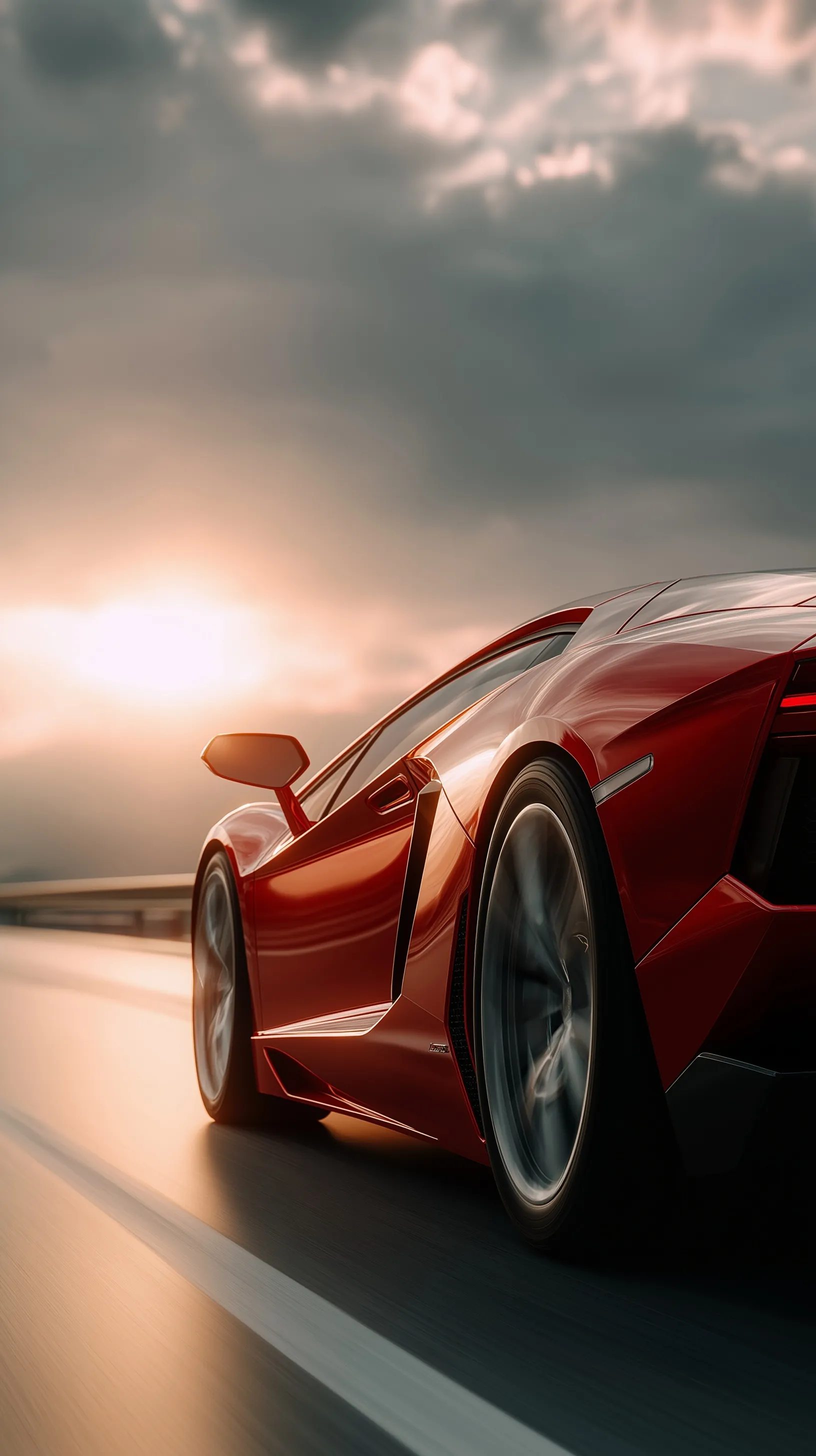 A sleek red Ferrari sports car speeding on a highway with motion blur wheels and dramatic cinematic lighting.