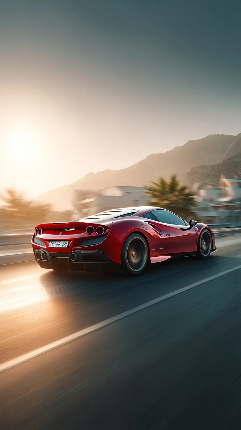 A sleek red sports car drives along a coastal highway at golden hour, featuring a cinematic motion blur effect.