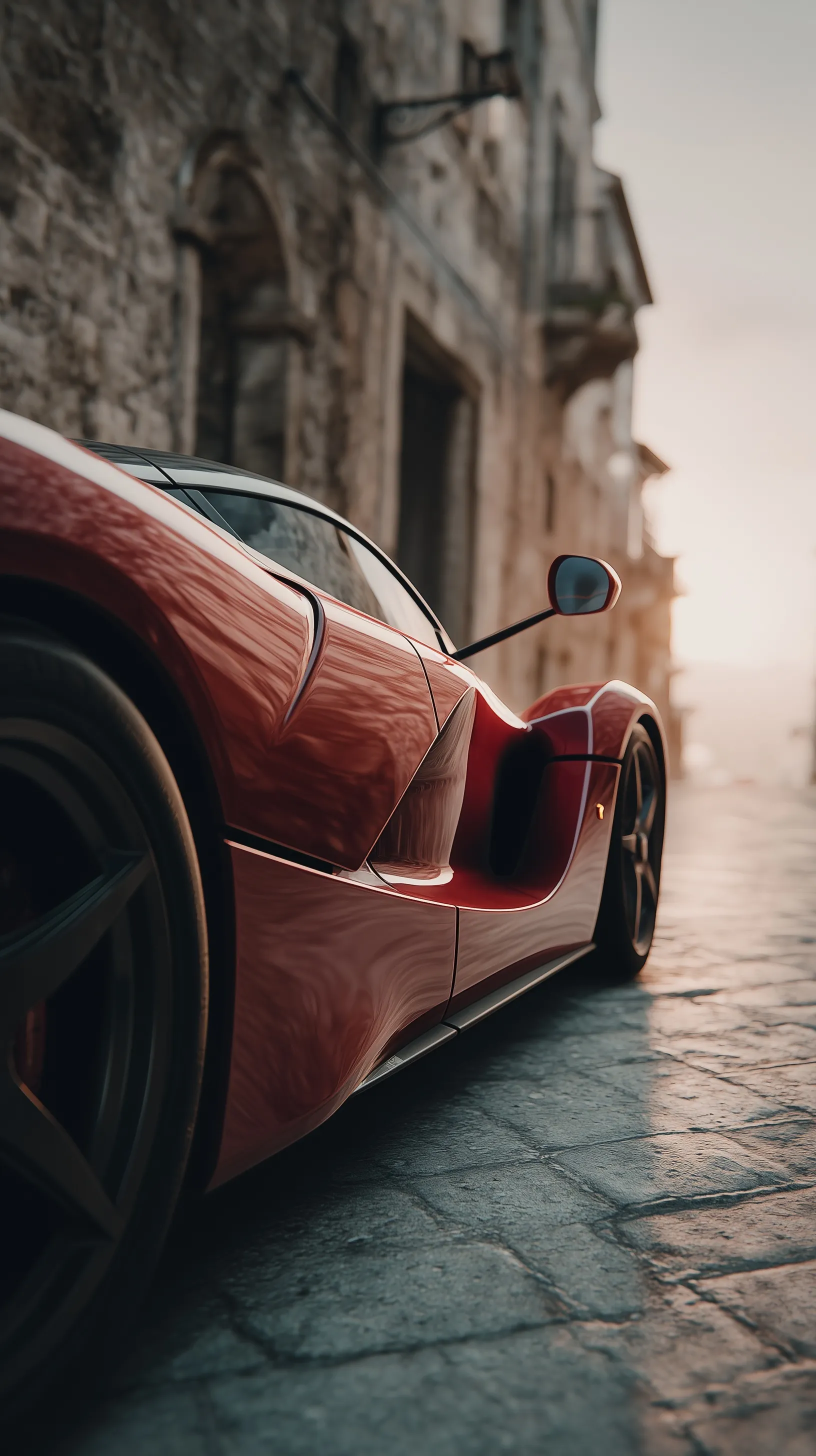 Red Ferrari LaFerrari parked on an old town cobblestone street, realistic reflections, cinematic iPhone wallpaper.