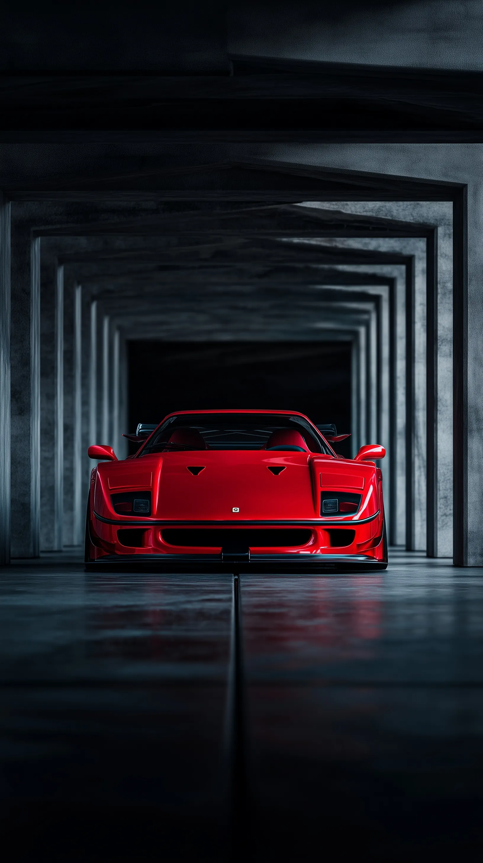 Cinematic widebody Ferrari F40 wallpaper in a brutalist concrete tunnel, high-quality red sports car for mobile.