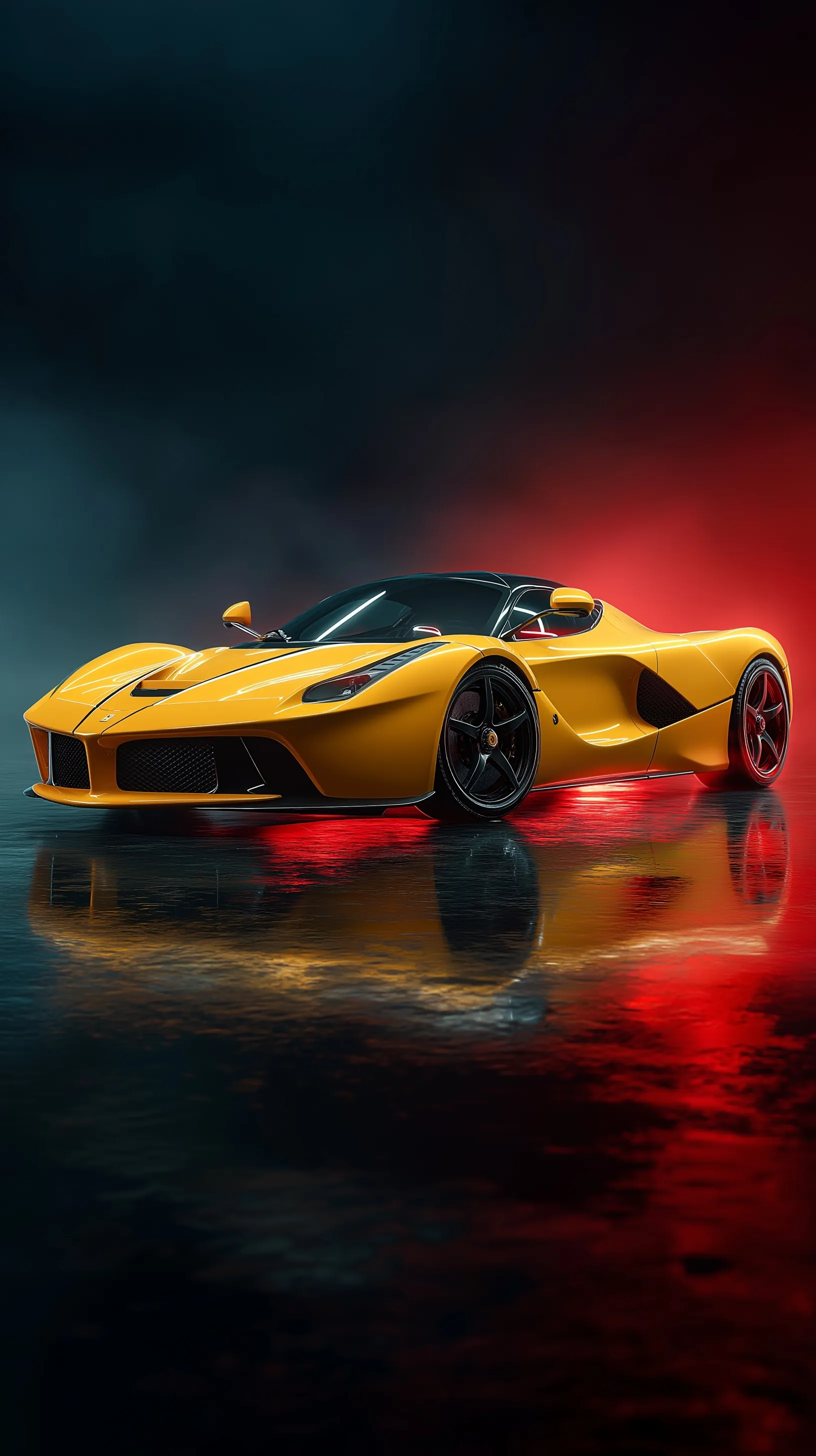 A sleek yellow Ferrari LaFerrari sports car with red accents and cinematic lighting, 8K hyper-realistic wallpaper.