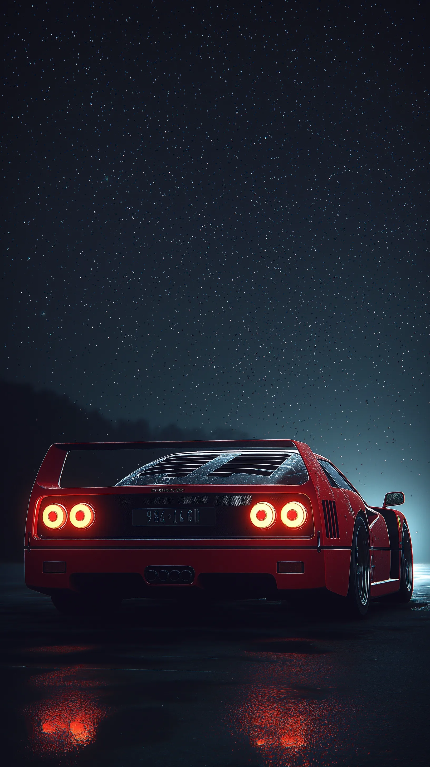 A sleek Ferrari F40 silhouette under a starry night sky with soft moonlight reflections for iPhone wallpaper.