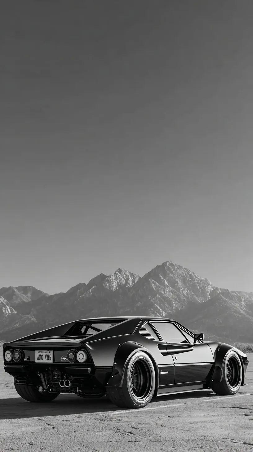 Black and white vector art of a modified 80s Ferrari speeding on a desert road, overhead crane perspective.