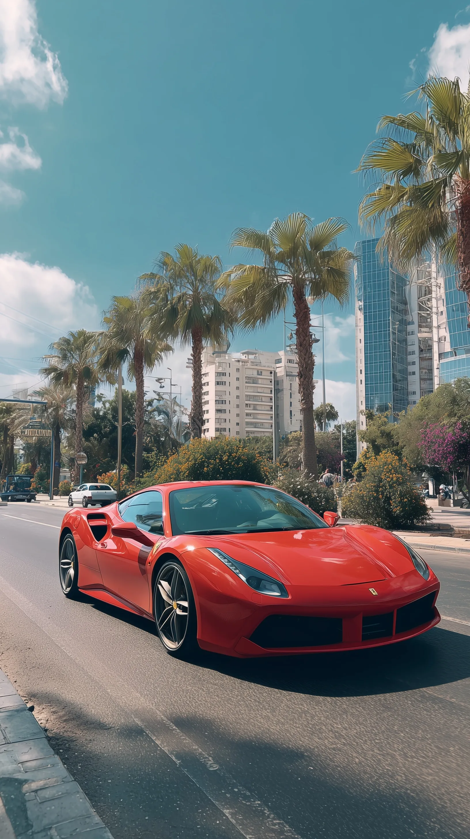 A sleek luxury Ferrari driving on a sunny street in Netanya, captured in a high-quality vertical iPhone photograph.