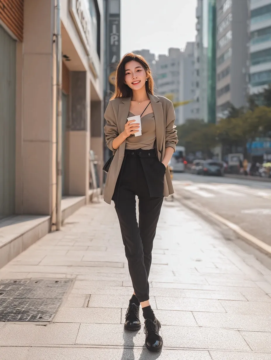 Stylish Korean influencer in a taupe blazer and black pants holding a coffee cup on a modern Seoul street.