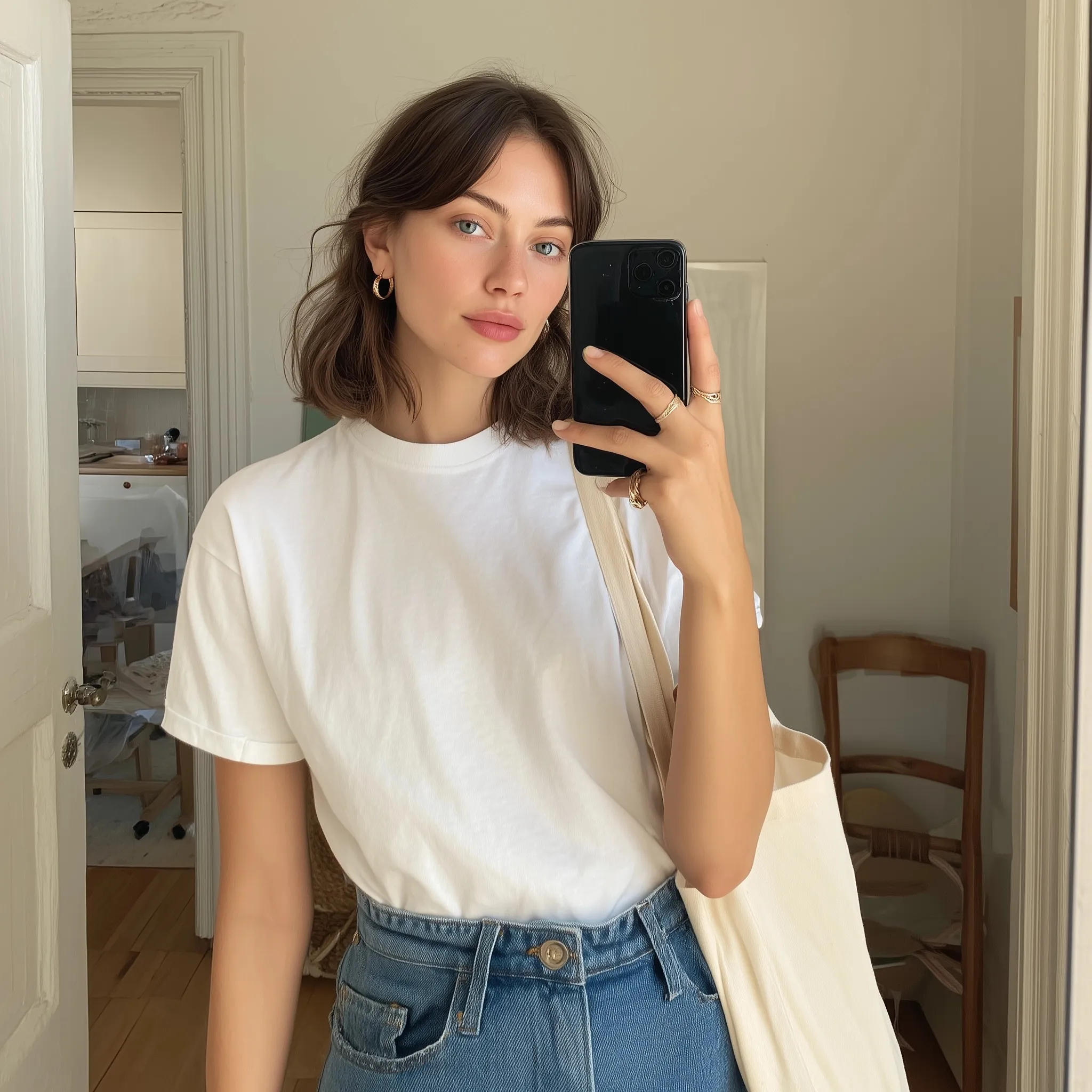 A stylish woman in an oversized black Jil Sander t-shirt and wide-leg jeans taking a mirror selfie.