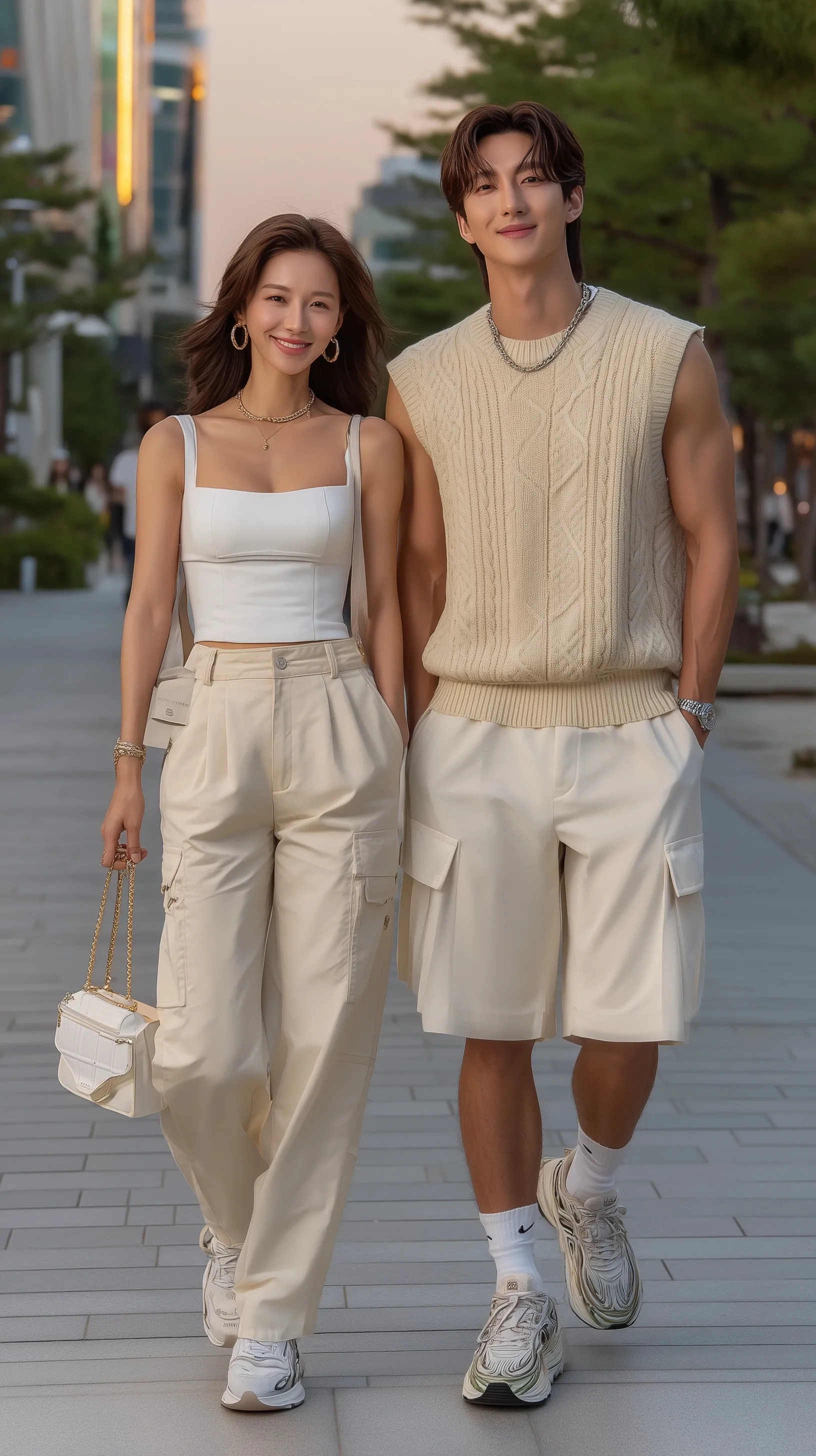 Fashionable Korean couple in 2025 summer outfits walking on a luxury street in Seoul during golden hour.