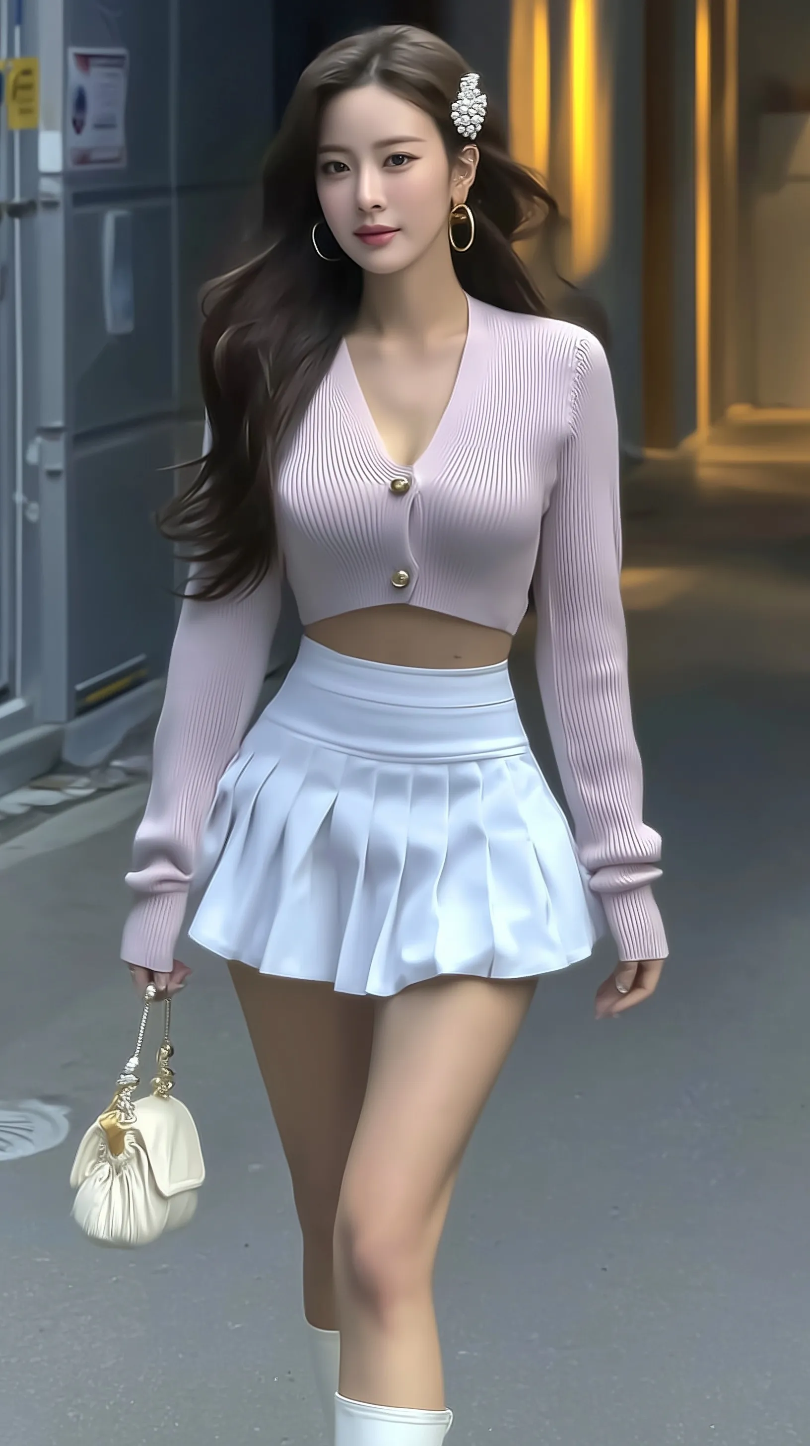 A confident Korean woman in a pastel cardigan and pleated mini skirt walking on a city street, fashion editorial.