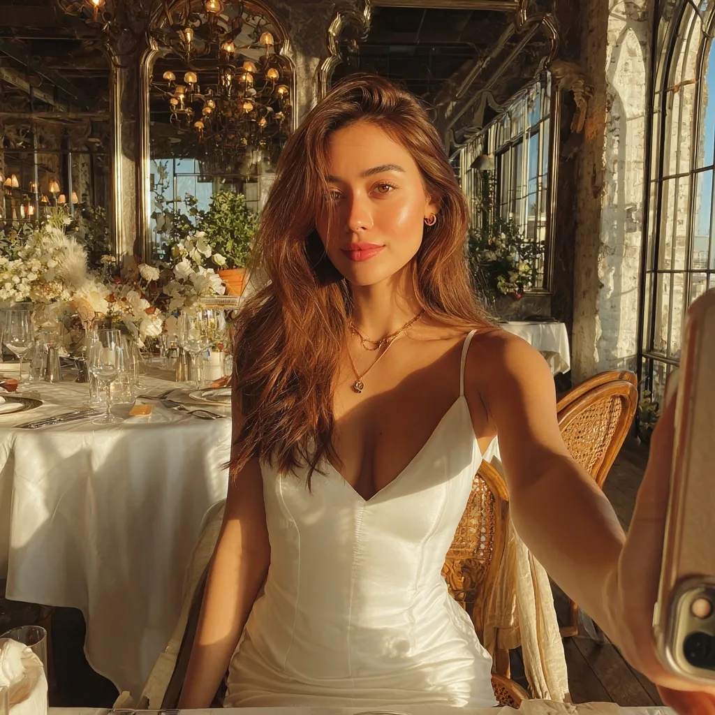 Influencer in a white dress taking a selfie at a New York restaurant for a stylish first date outfit look.
