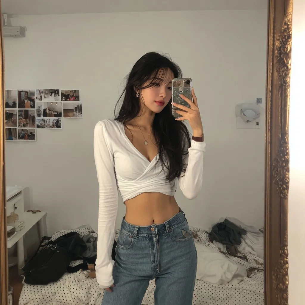 A fashionable Korean college girl in a stylish preppy outfit with low-waisted jeans, showcasing a toned, fit physique.