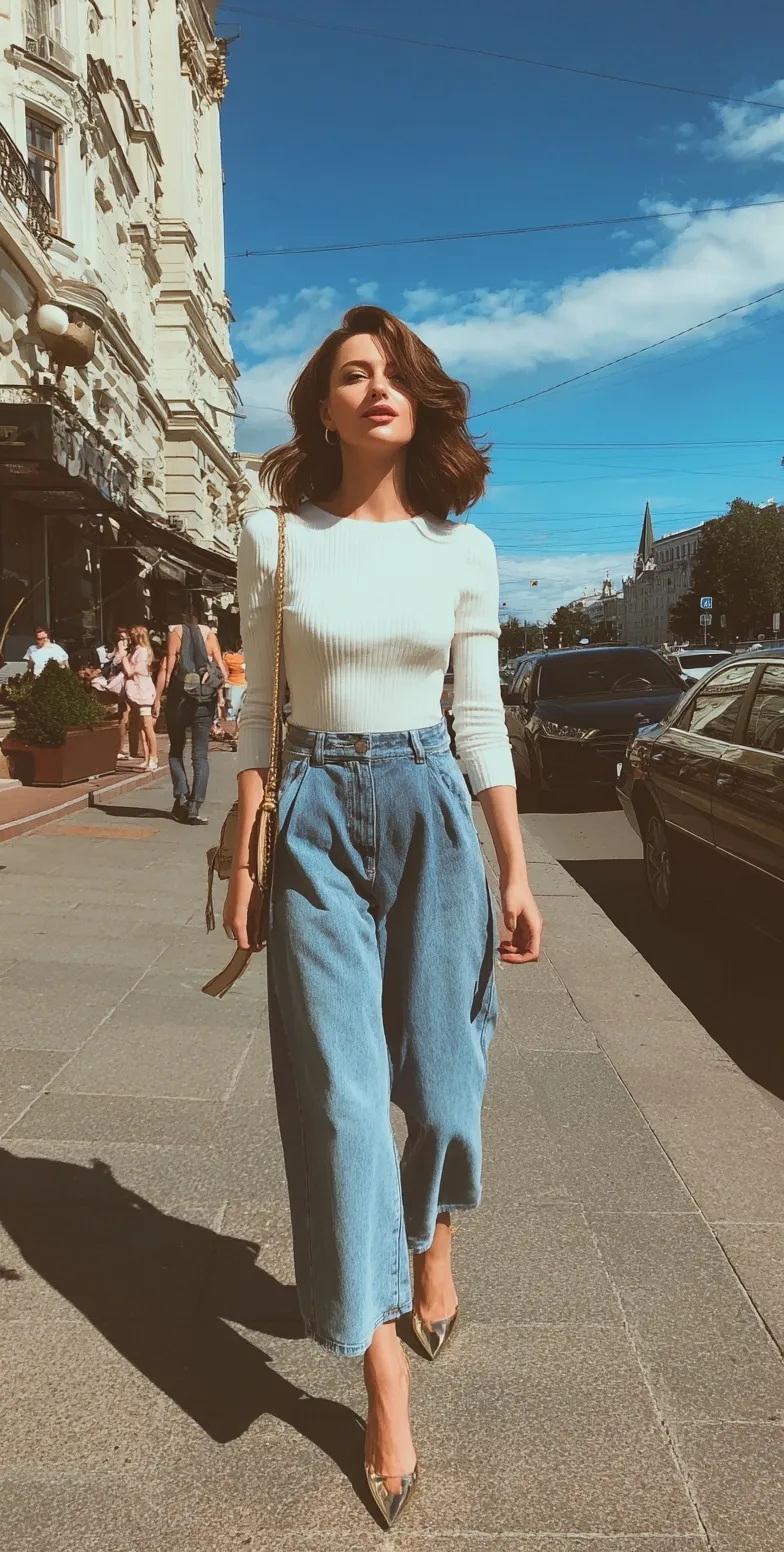 Beautiful woman in white top and wide-leg jeans walking on a sunny Moscow street, stylish first date outfit.