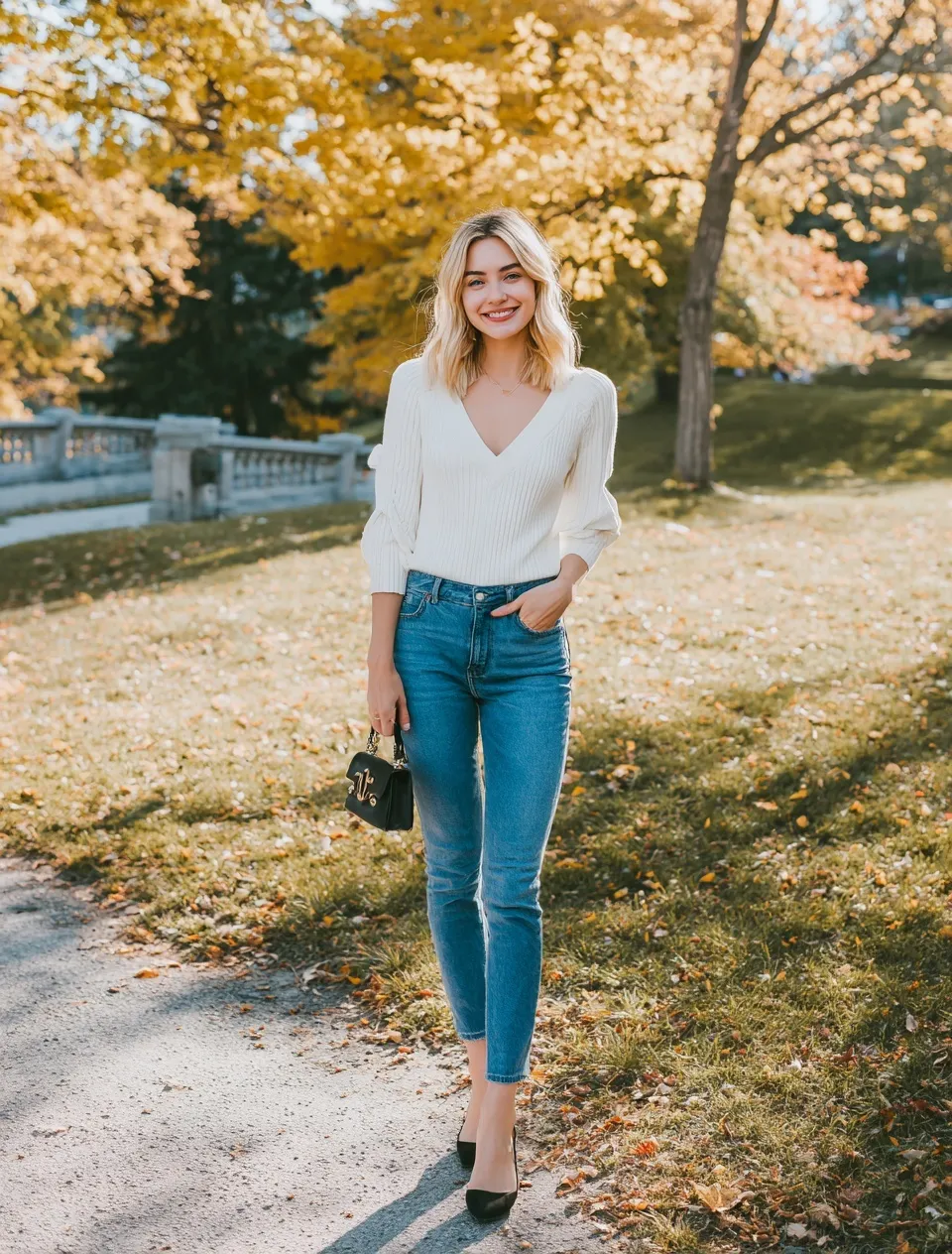 Blonde woman in a white V-neck sweater and blue jeans posing in a park during fall for a first date outfit photo.