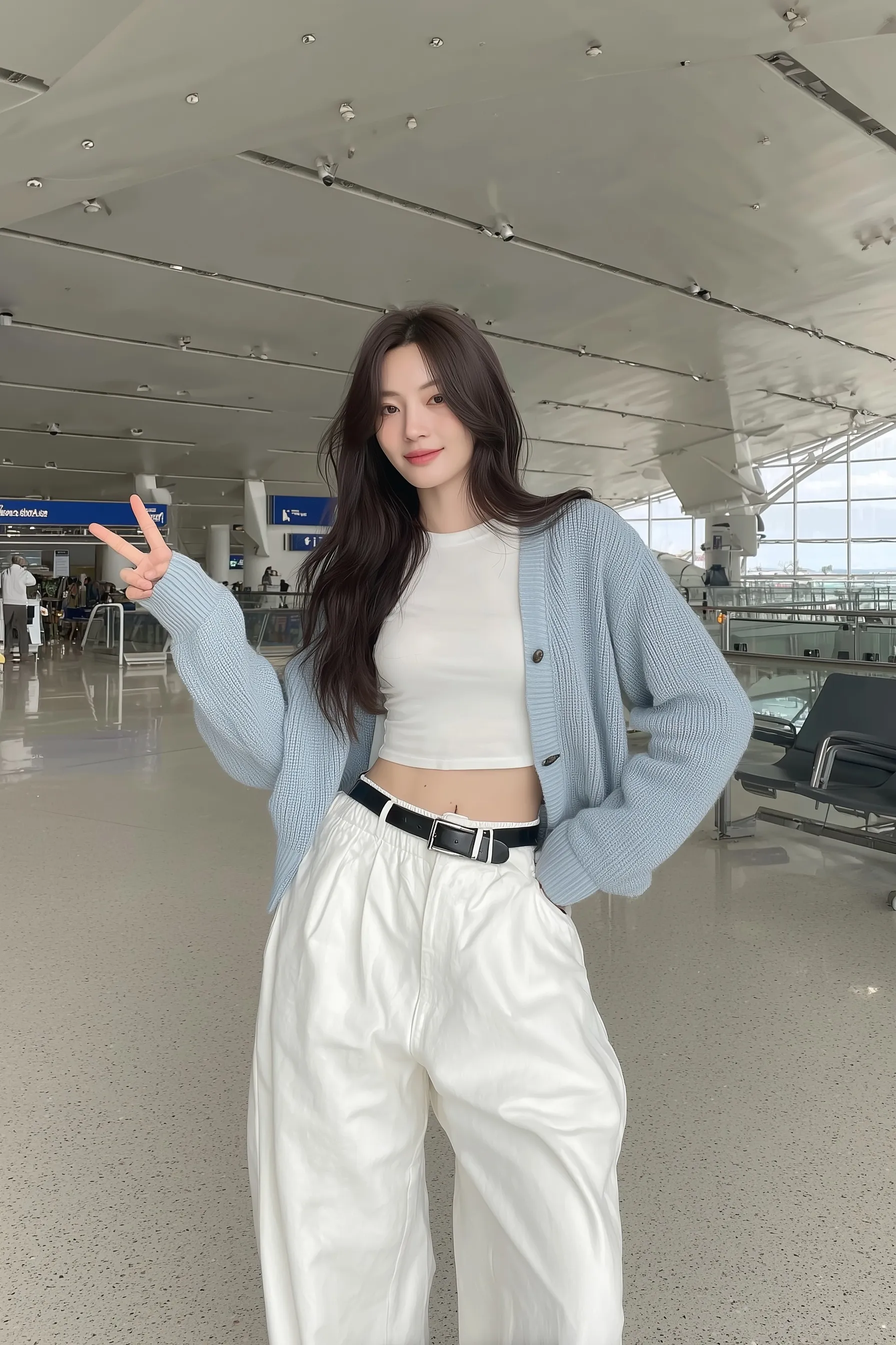 Stylish young Korean woman in light blue cardigan and white trousers posing confidently in an airport terminal.
