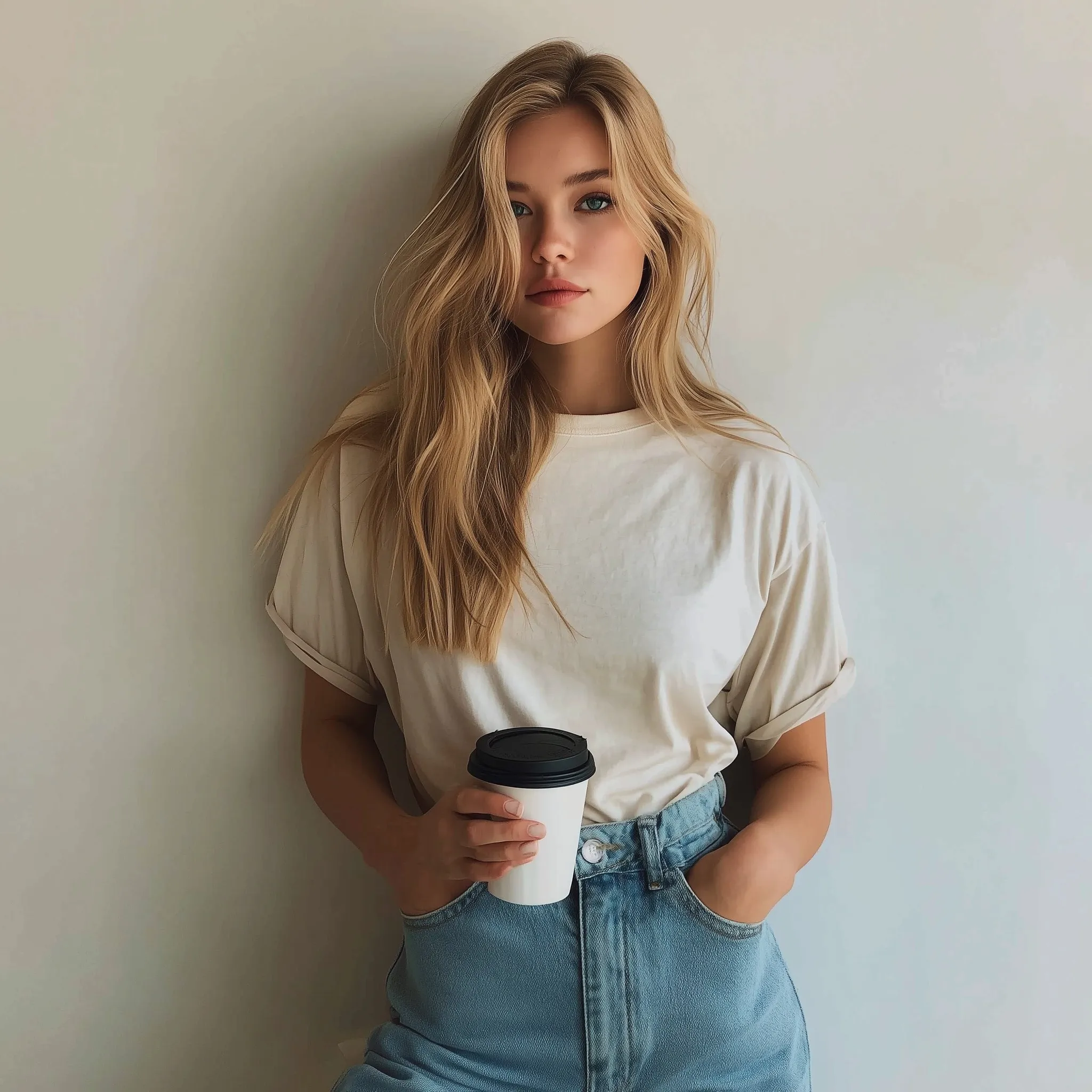 Blonde woman in casual white t-shirt and jeans holding coffee, urban style, standing outdoors.