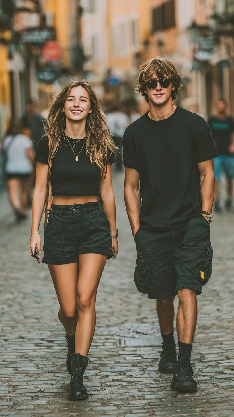 A young Hispanic couple in stylish outfits walking down a city street, captured in high-quality 8K resolution.