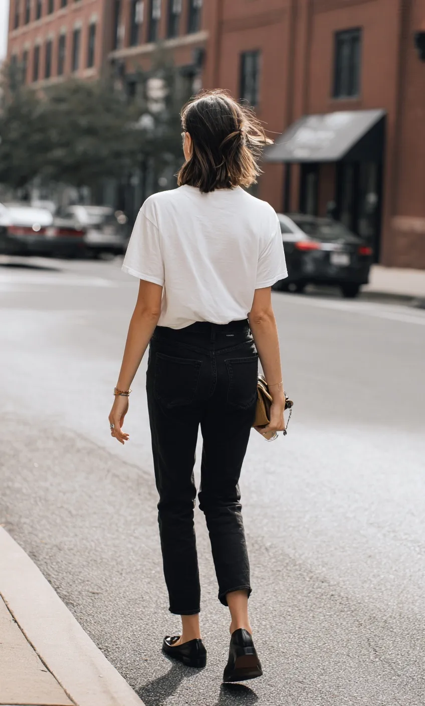 Stylish woman in a white t-shirt, black jeans, and loafers walking down the street, holding a small handbag.