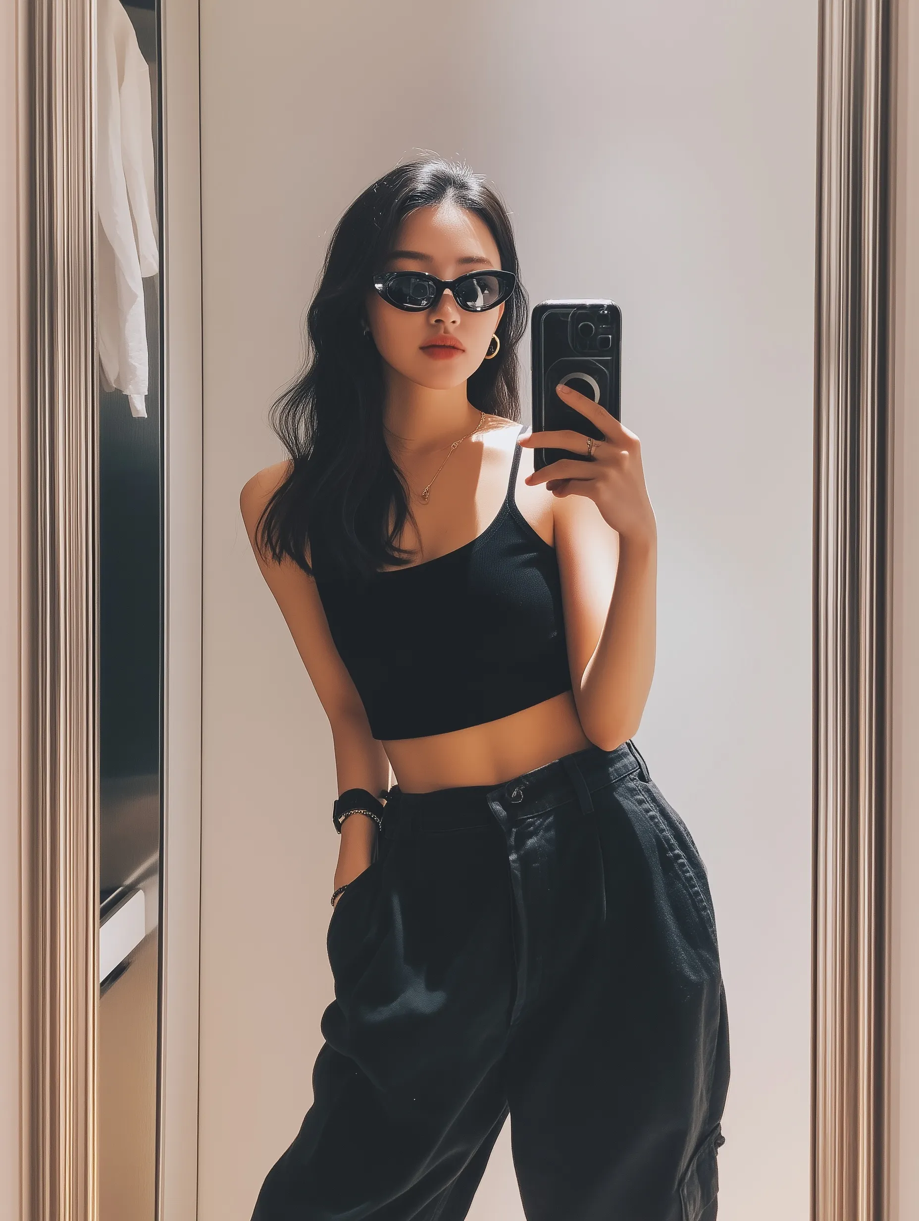 Stylish young Korean woman taking a mirror selfie in trendy oversized baggy pants and a black crop top.