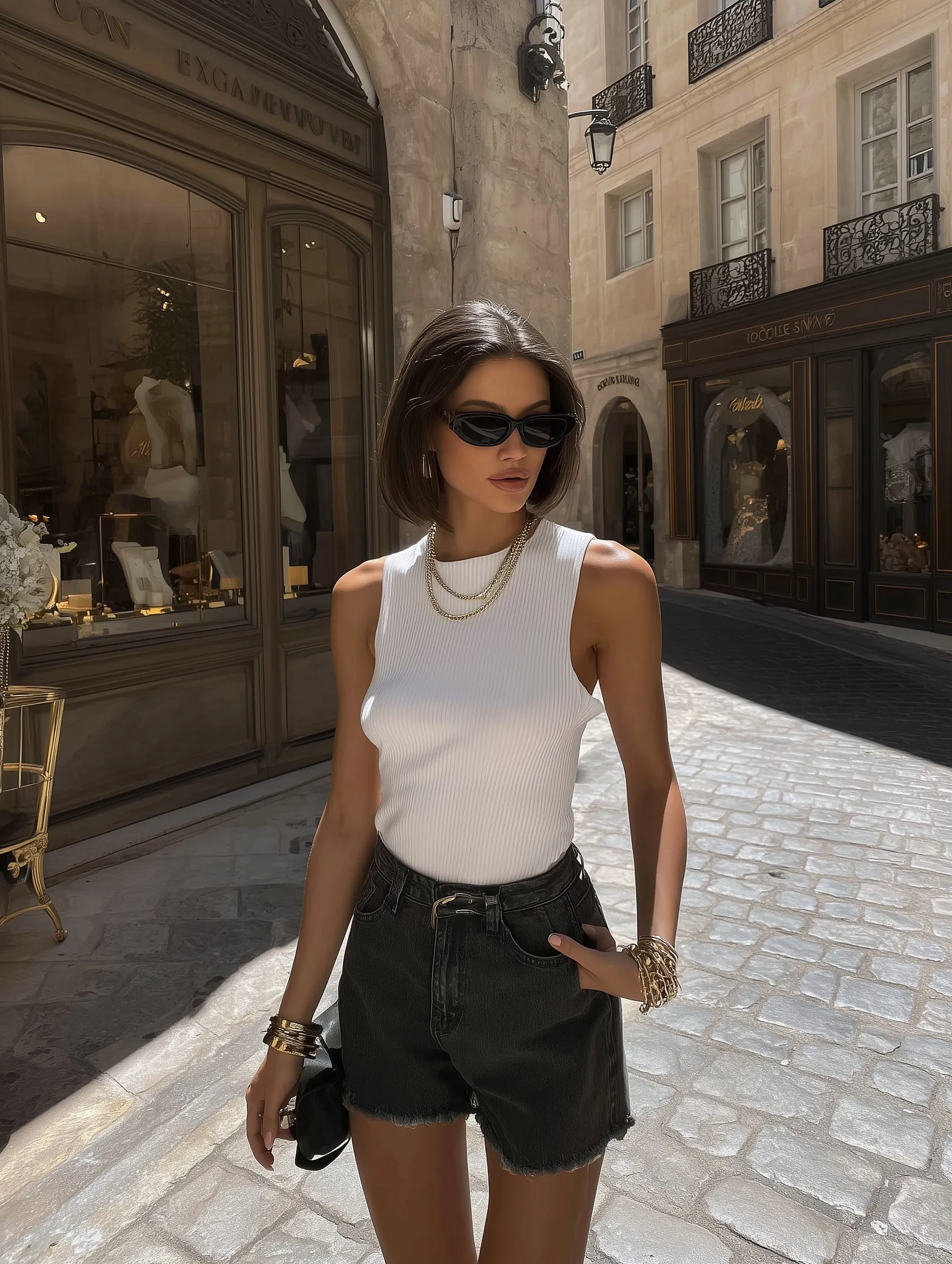 Stylish woman in denim shorts and white tank top walking on a European street for a casual first date outfit look.