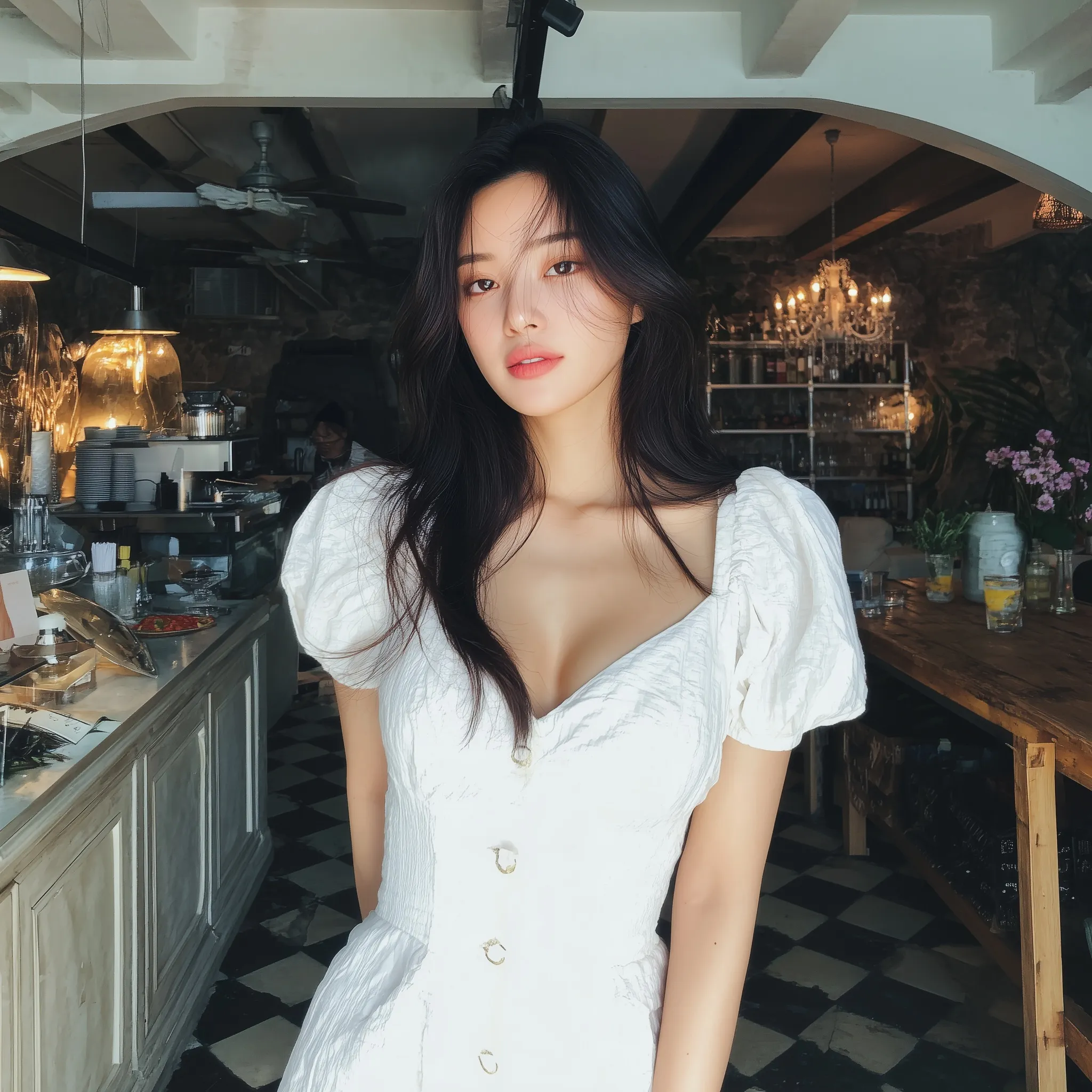 A beautiful young Korean woman in a white summer dress standing in a cafe, candid full-body shot.