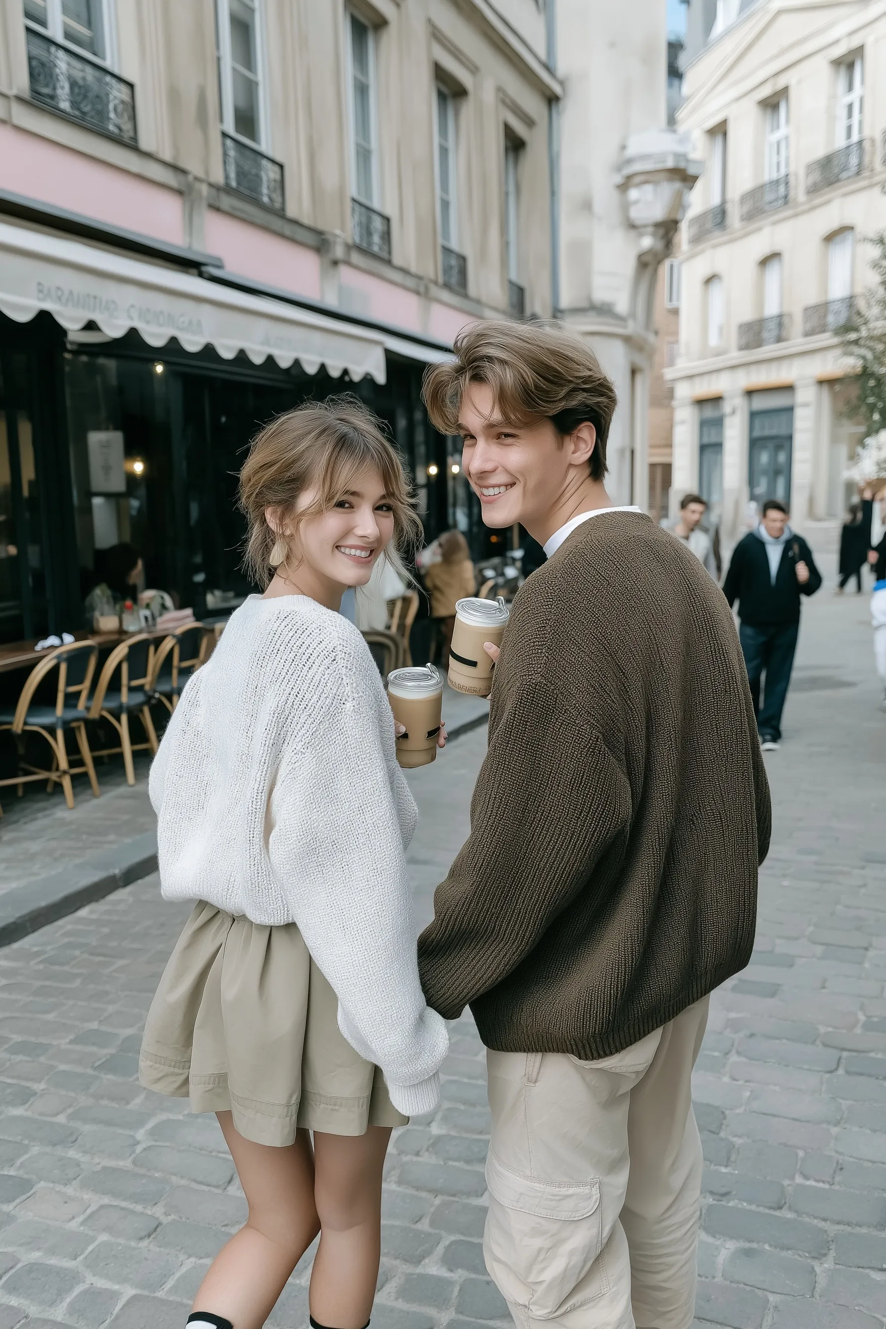 A couple on a first date walking down an autumn street, wearing cozy sweaters, skirts, and holding iced coffee.