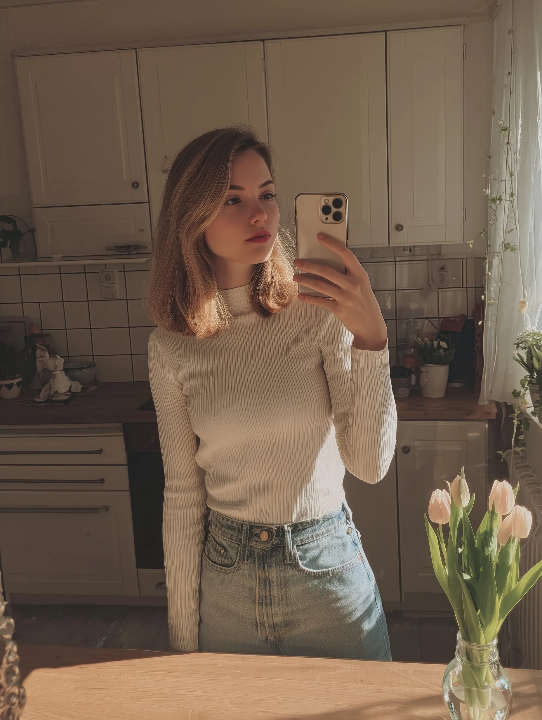 A young woman in a cream ribbed top and light-wash jeans taking a candid selfie in a bright Scandinavian kitchen.