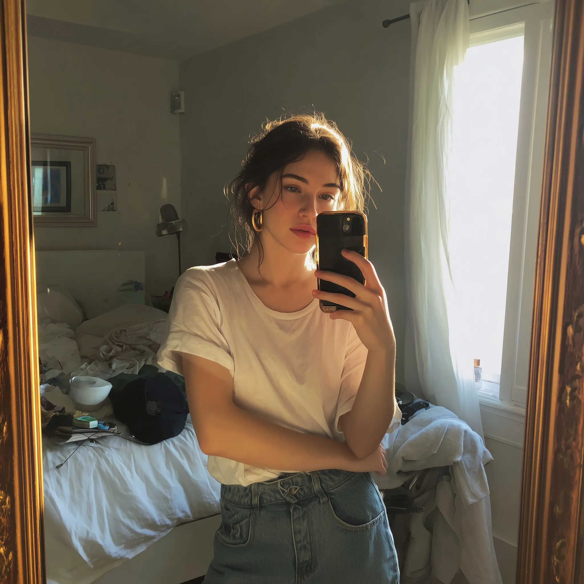 A young brunette woman taking a mirror selfie in a bedroom wearing a casual outfit for a relaxed first date vibe.