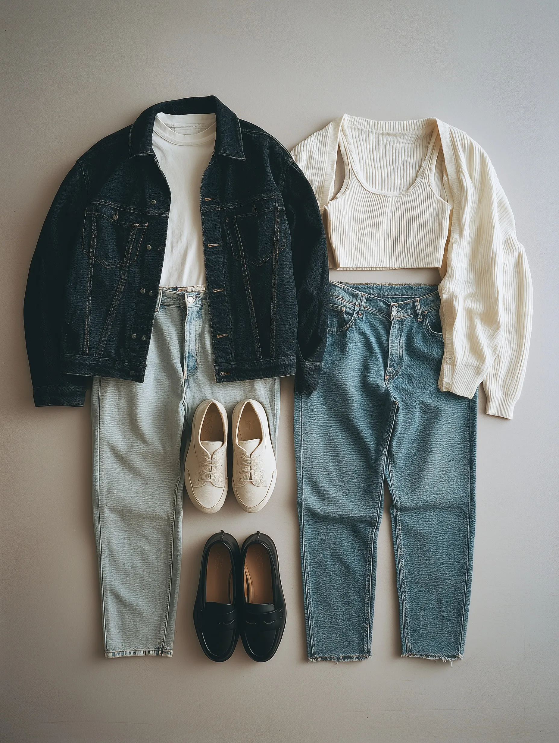 Flat lay of 1990s retro couple outfits with denim jacket, jeans, and knitwear on a neutral background.