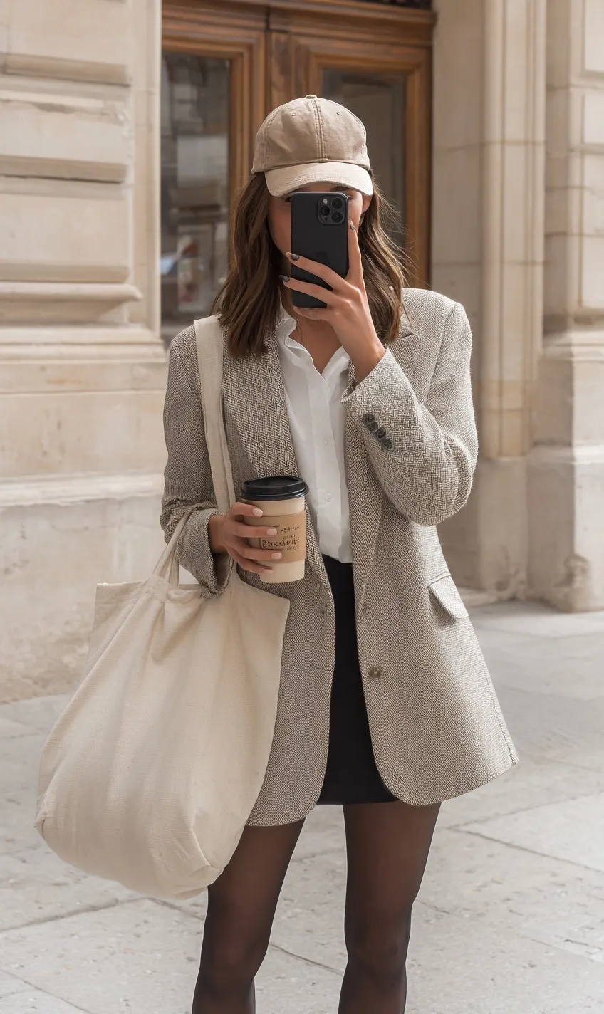 Stylish woman in a beige oversized blazer, skirt, and baseball cap taking a coffee selfie on a city street.