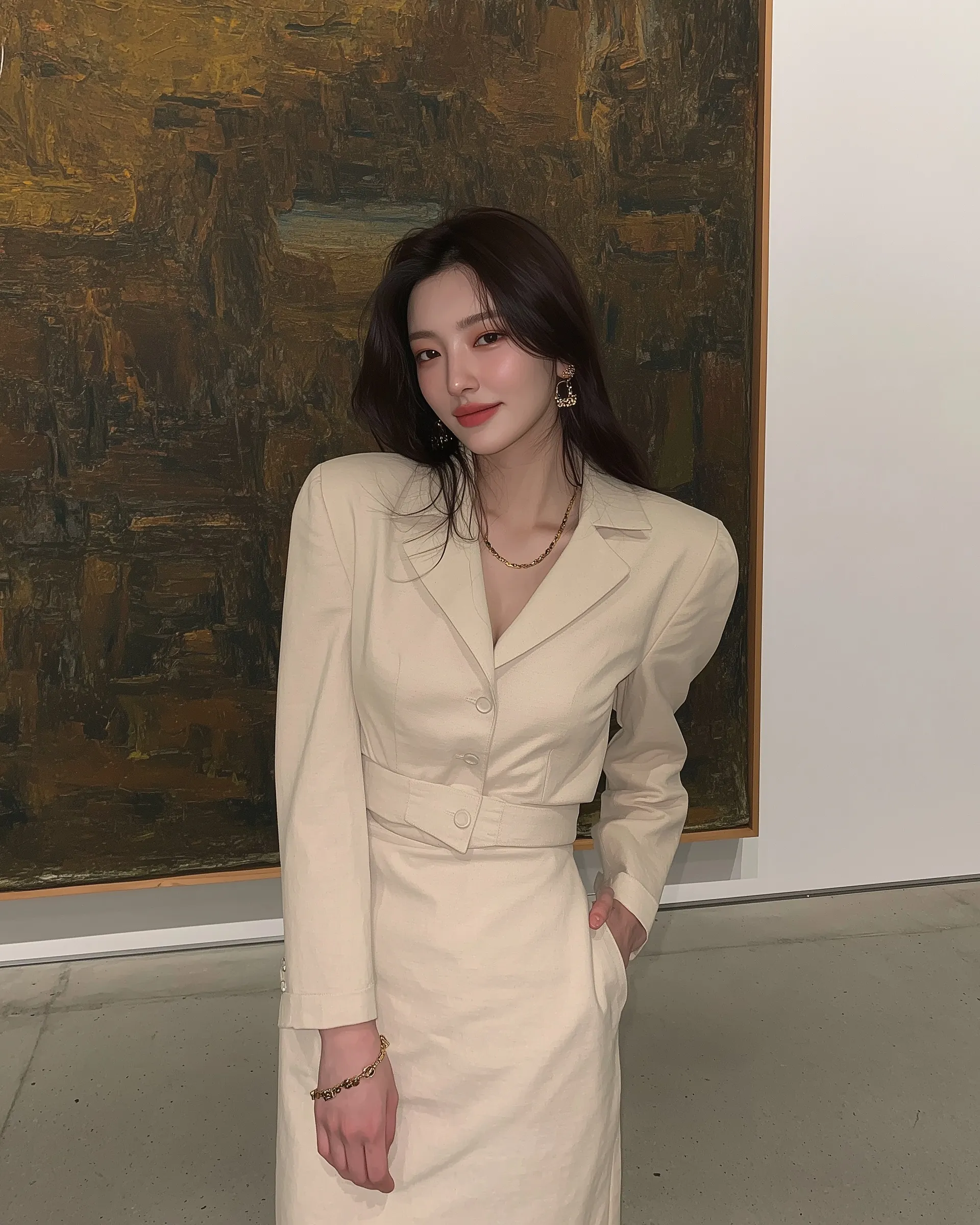 Korean woman in an elegant tailored jacket and midi skirt smiling at a modern art gallery during a date.