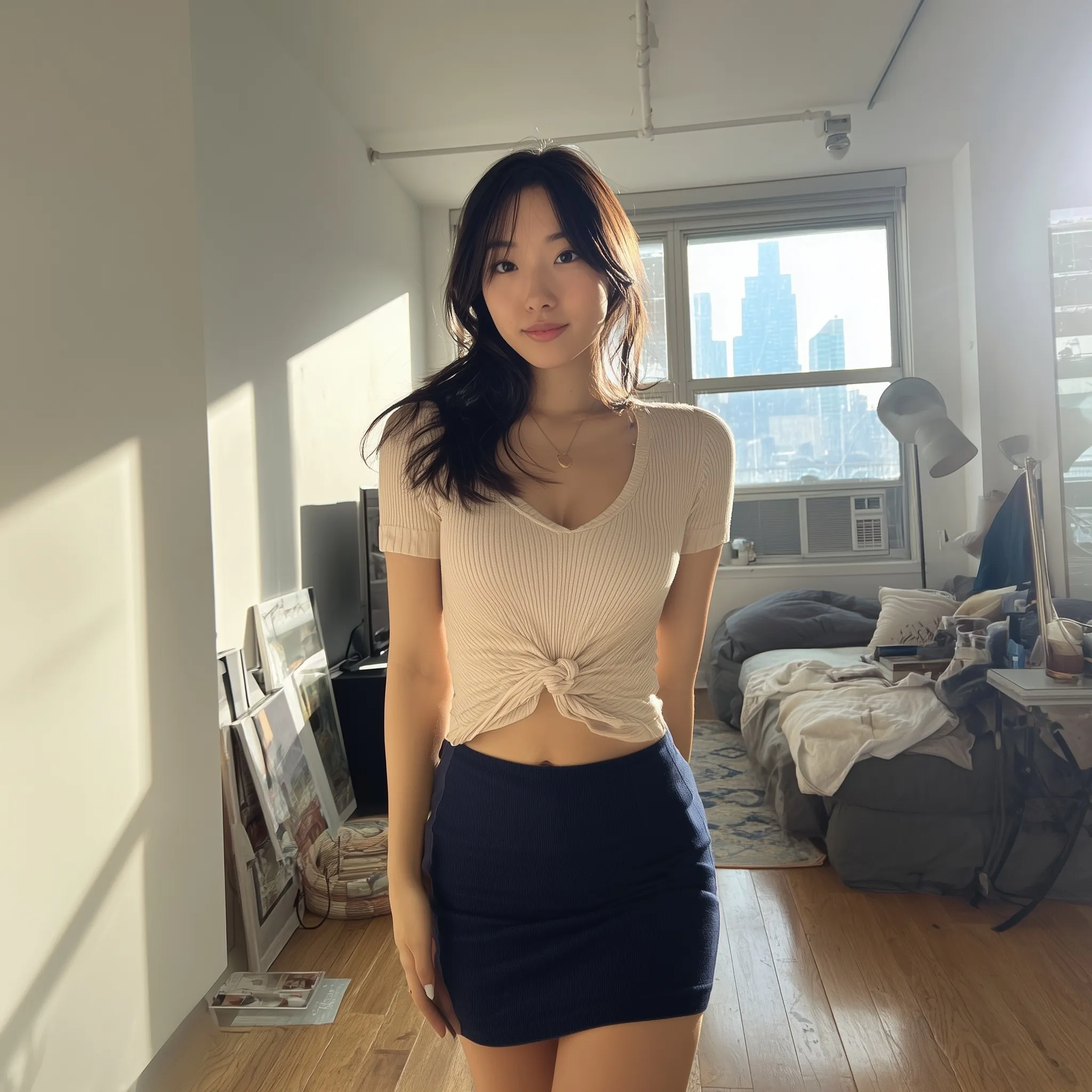 Candid full-body shot of a young Korean woman in a beige knit top and navy mini skirt inside a modern apartment.
