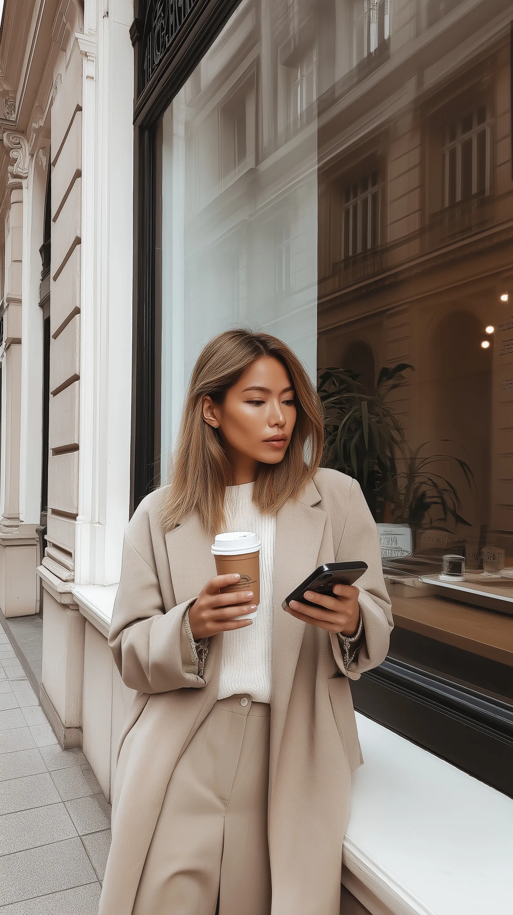 A fashion influencer in a chic neutral brown street style outfit holding a coffee and phone on a first date.