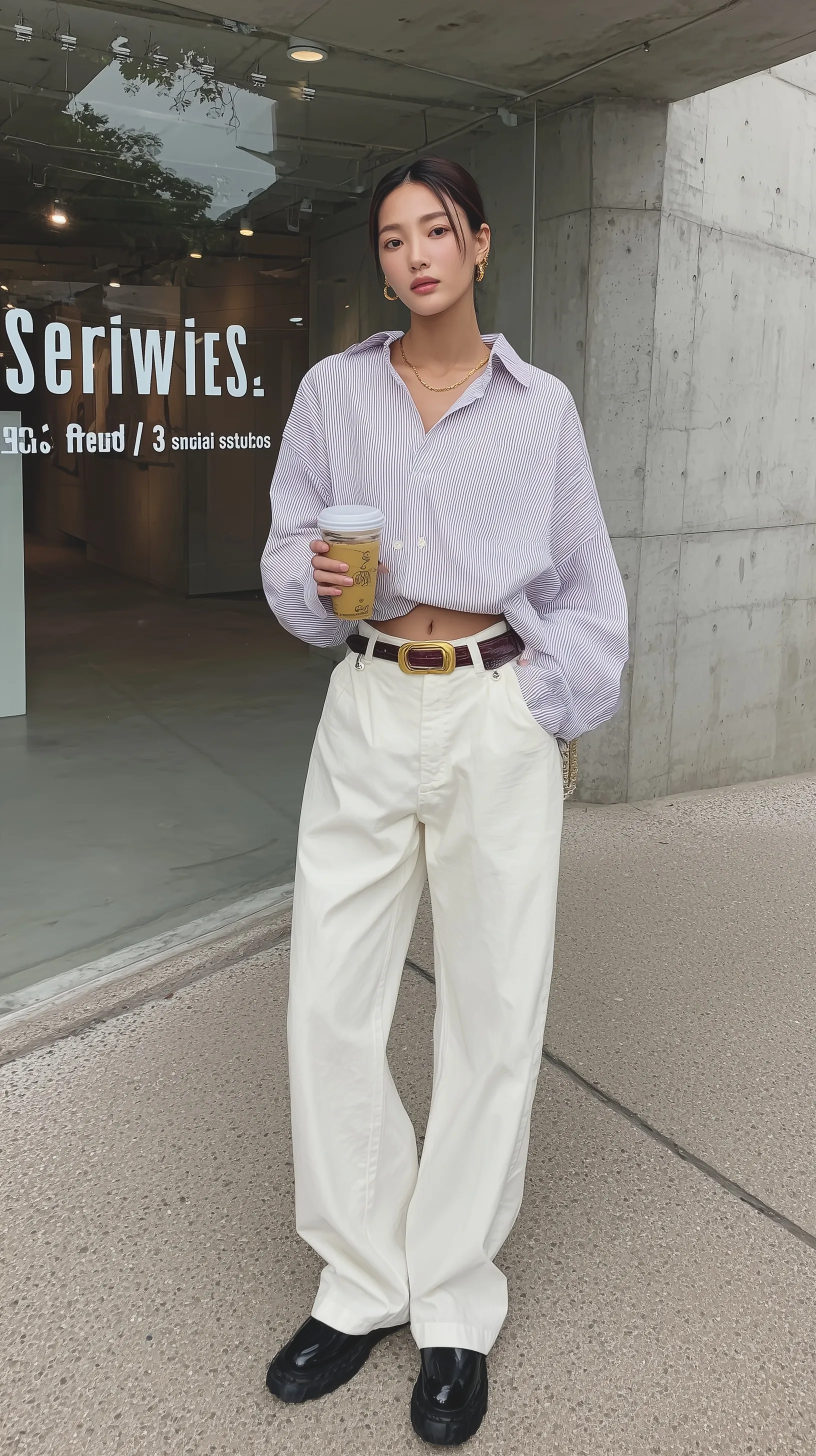 Stylish Japanese woman in a light blue oversized shirt and white wide-leg jeans holding coffee on a first date.