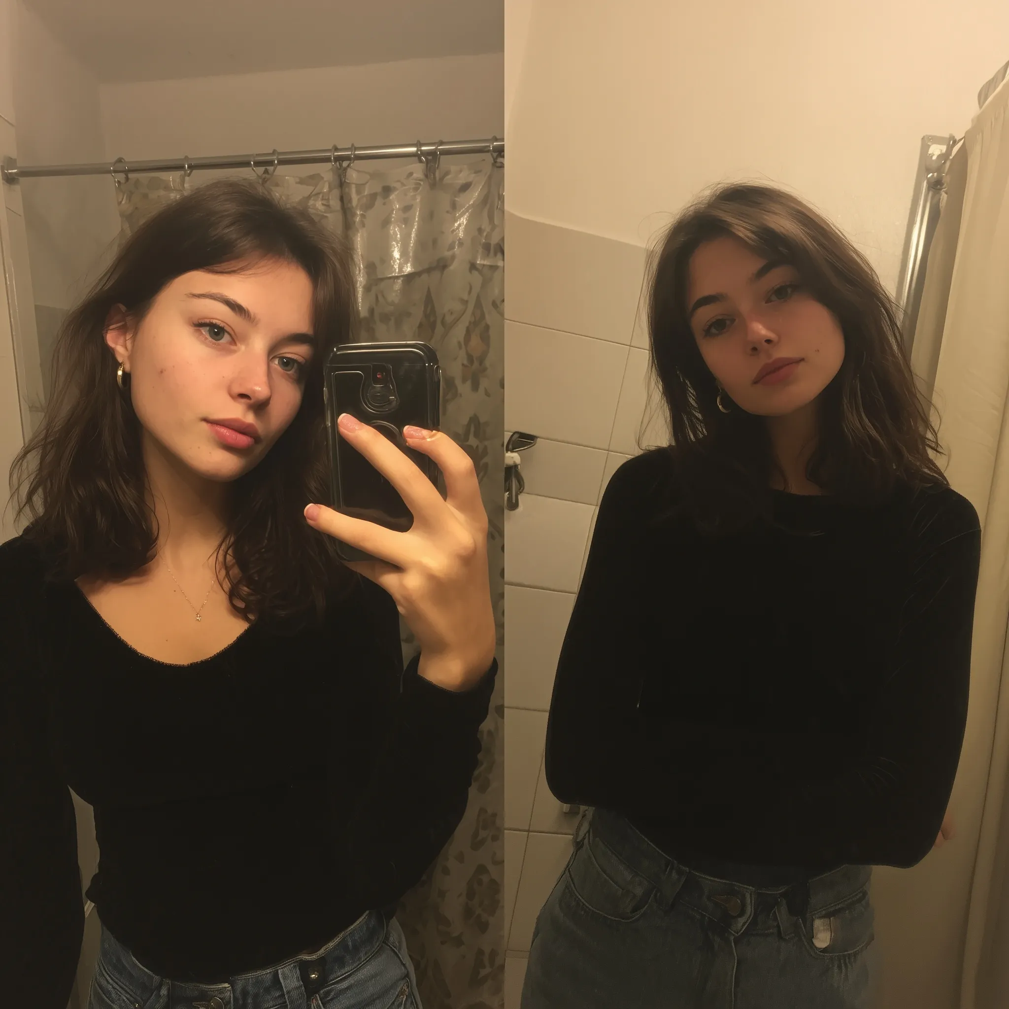 A 25-year-old woman with wavy black hair and amber eyes wearing a black long-sleeve bodysuit and blue skinny jeans.