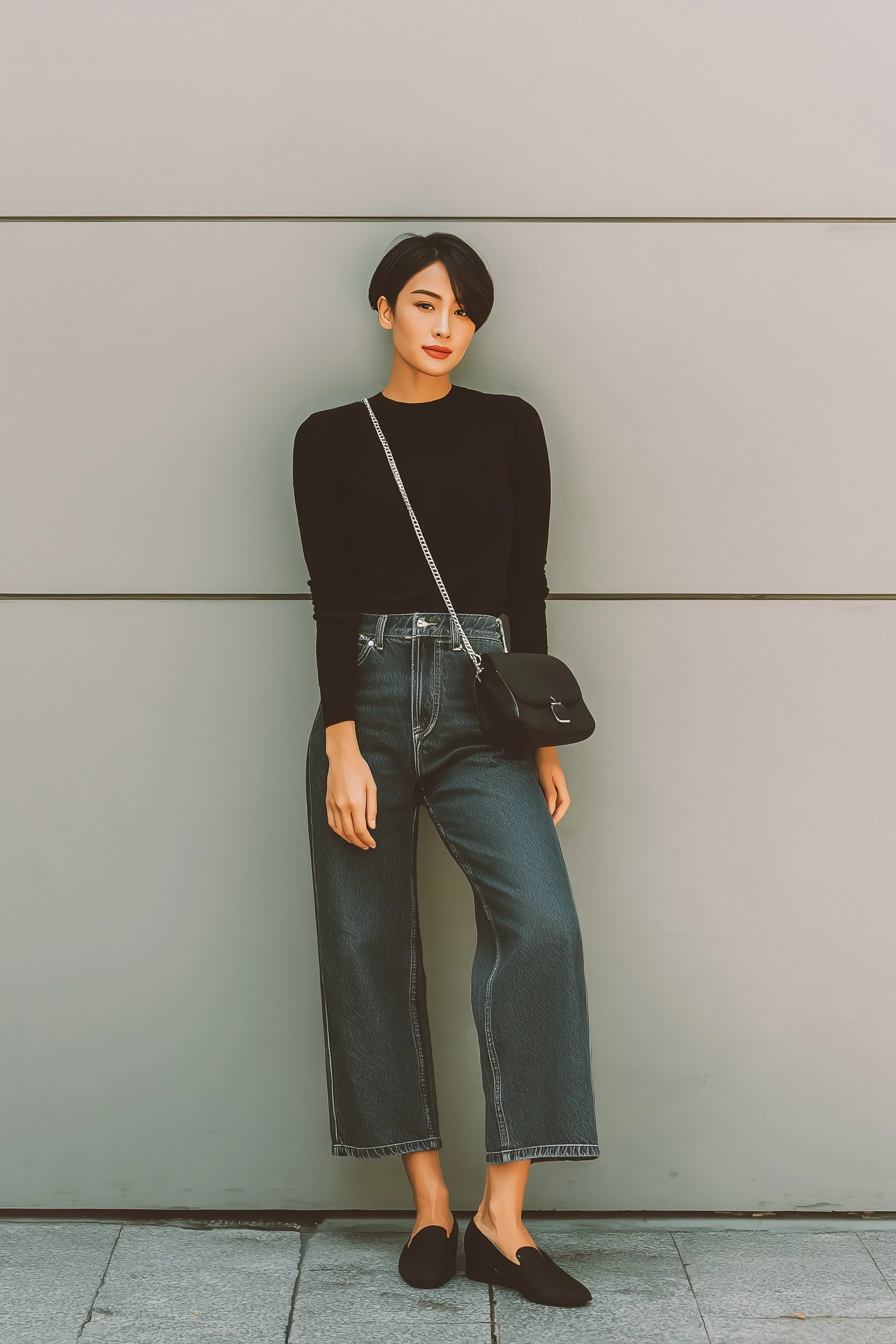 Full-body shot of a stylish Korean woman in a black long-sleeved shirt and wide-leg jeans for a first date outfit.