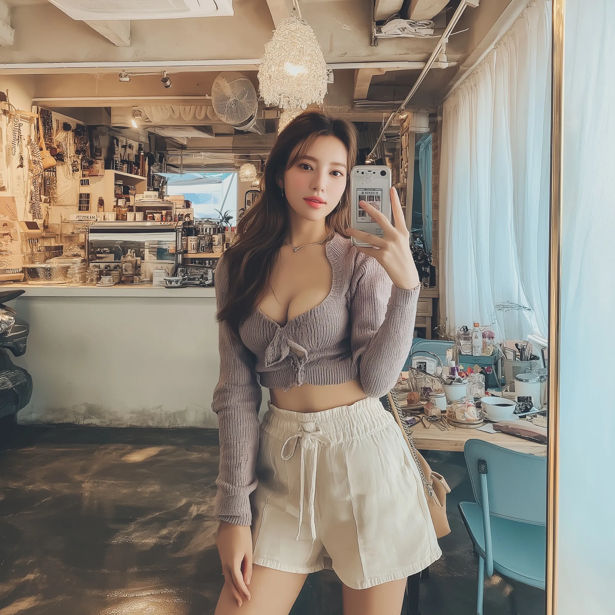 A stylish young woman taking a selfie in a cozy cafe, wearing a trendy first date outfit.