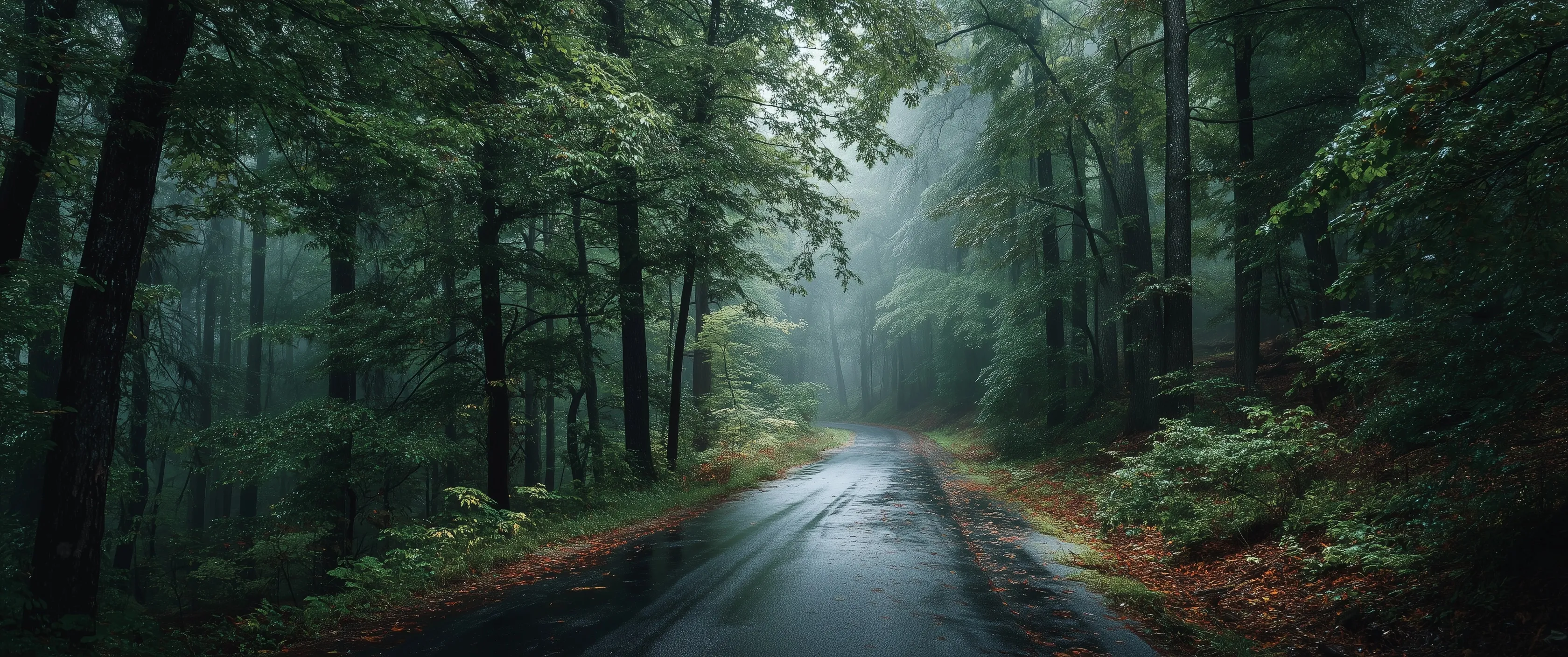 A scenic wet forest road surrounded by lush trees and soft fog, perfect for high-resolution mobile wallpaper.