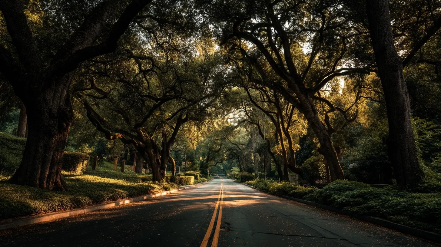 A scenic private forest road framed by a lush, arched canopy of manicured trees in a cinematic landscape.